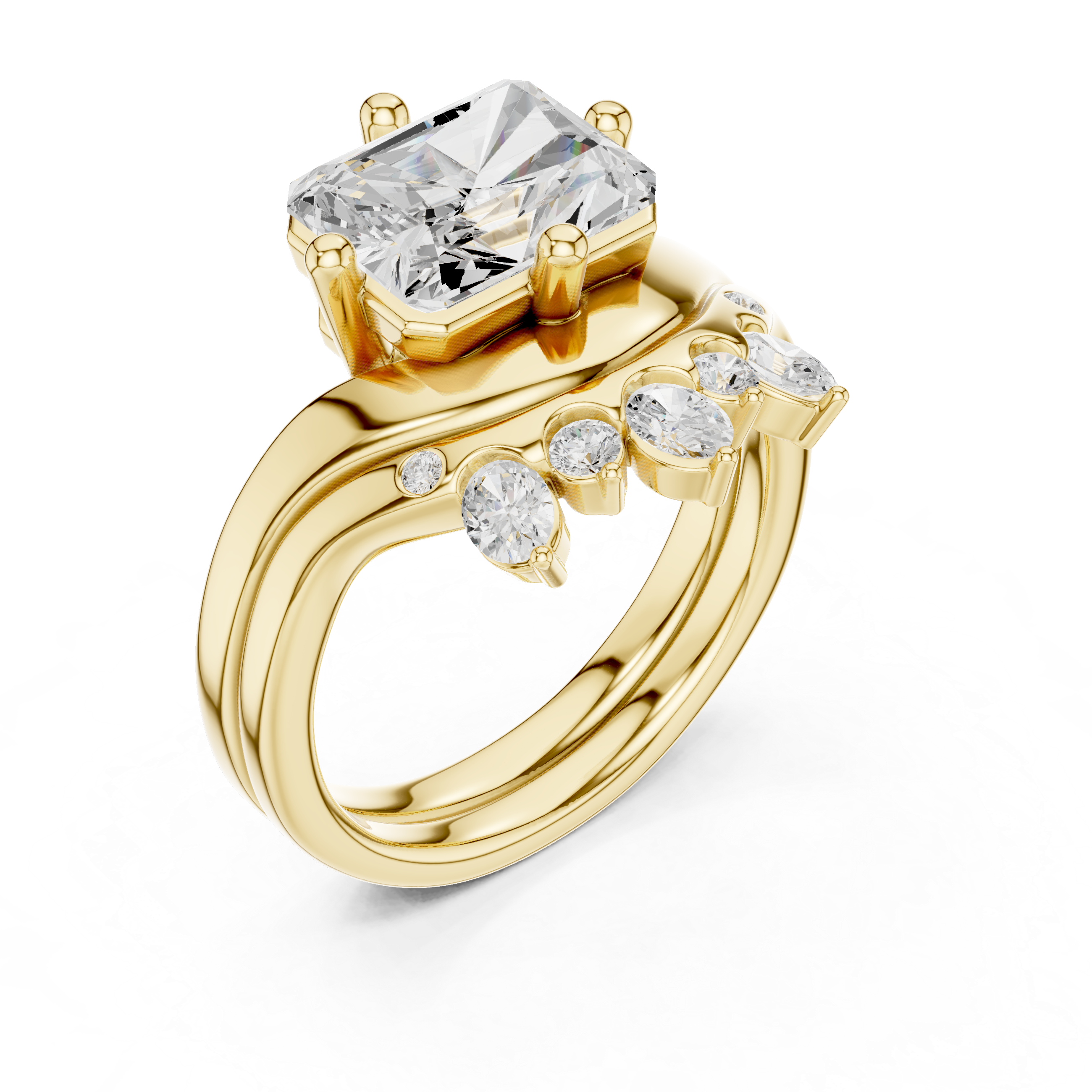 Radiant Cut Curved Bridal Ring Set with Crown-Inspired Diamond Wedding Band