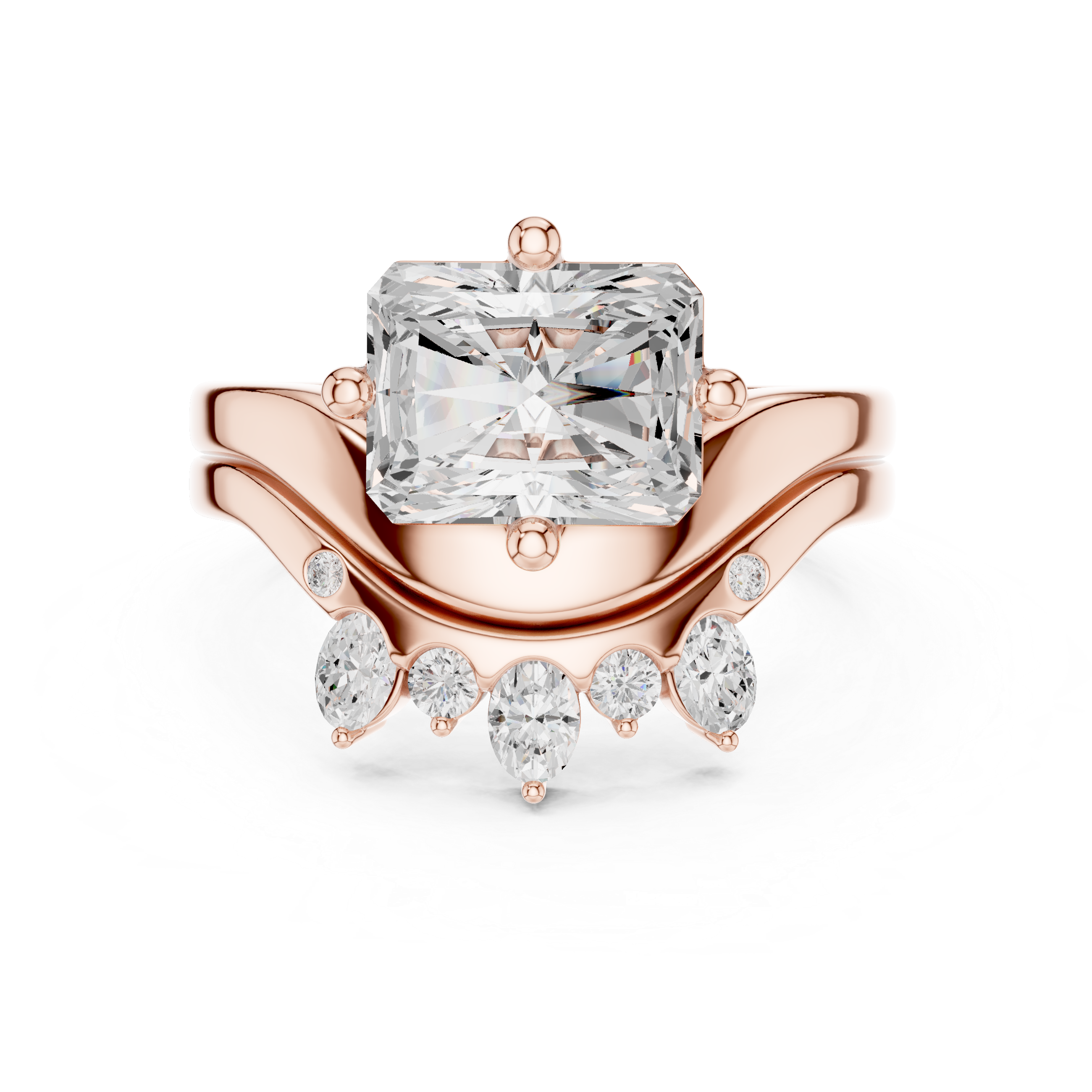 Radiant Cut Curved Bridal Ring Set with Crown-Inspired Diamond Wedding Band