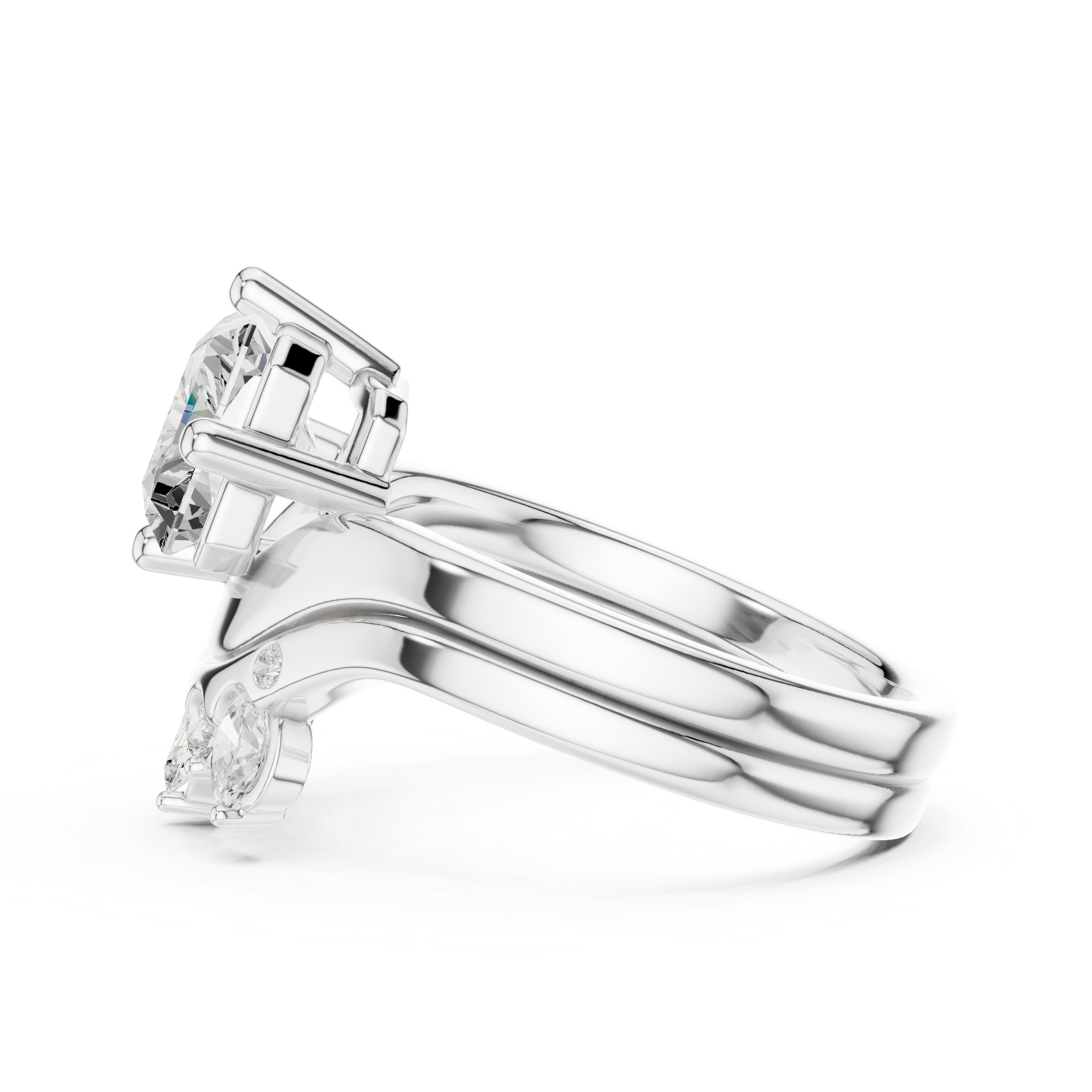 Radiant Cut Curved Bridal Ring Set with Crown-Inspired Diamond Wedding Band