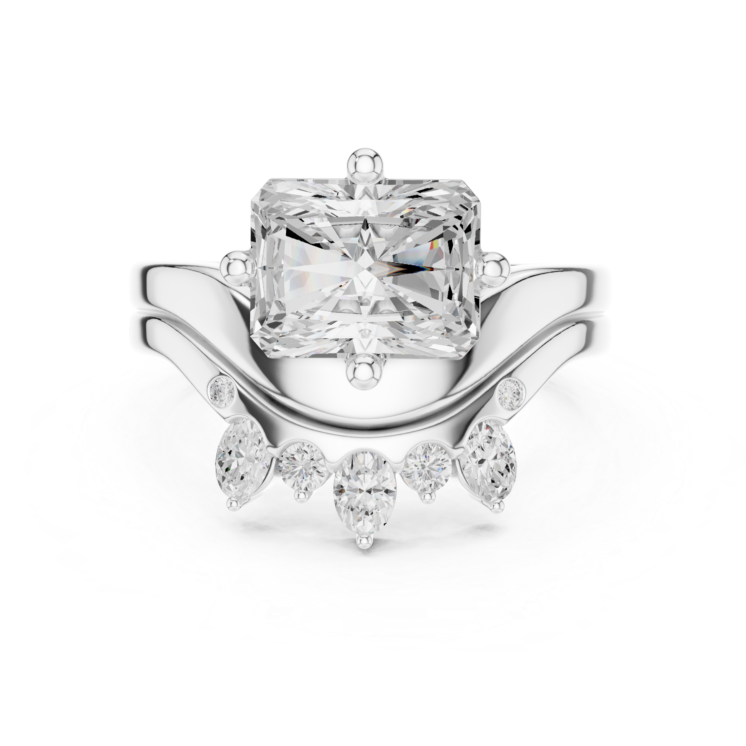 Radiant Cut Curved Bridal Ring Set with Crown-Inspired Diamond Wedding Band