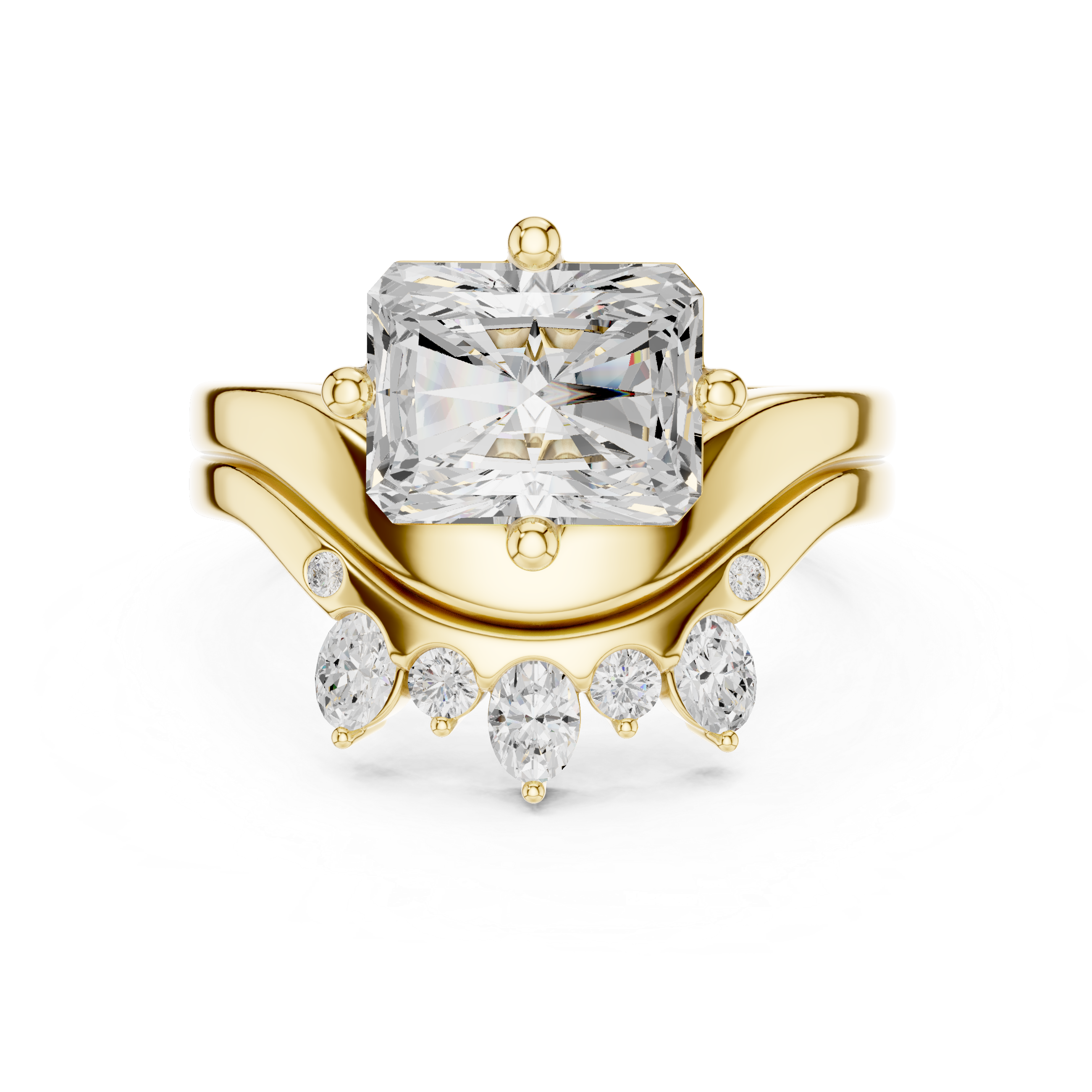 Radiant Cut Curved Bridal Ring Set with Crown-Inspired Diamond Wedding Band
