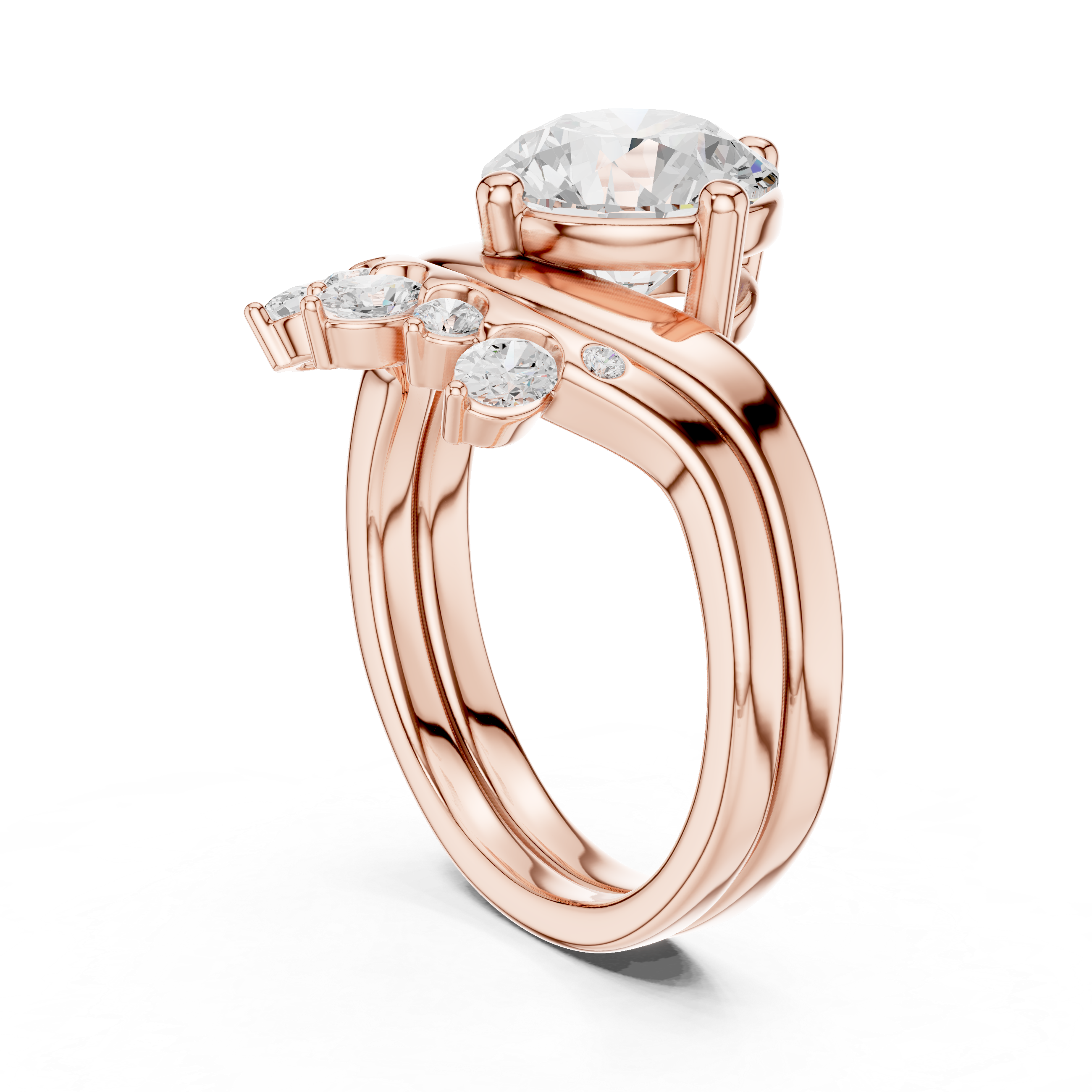 Round Brilliant Cut Curved Bridal Ring Set with Crown-Inspired Diamond Wedding Band