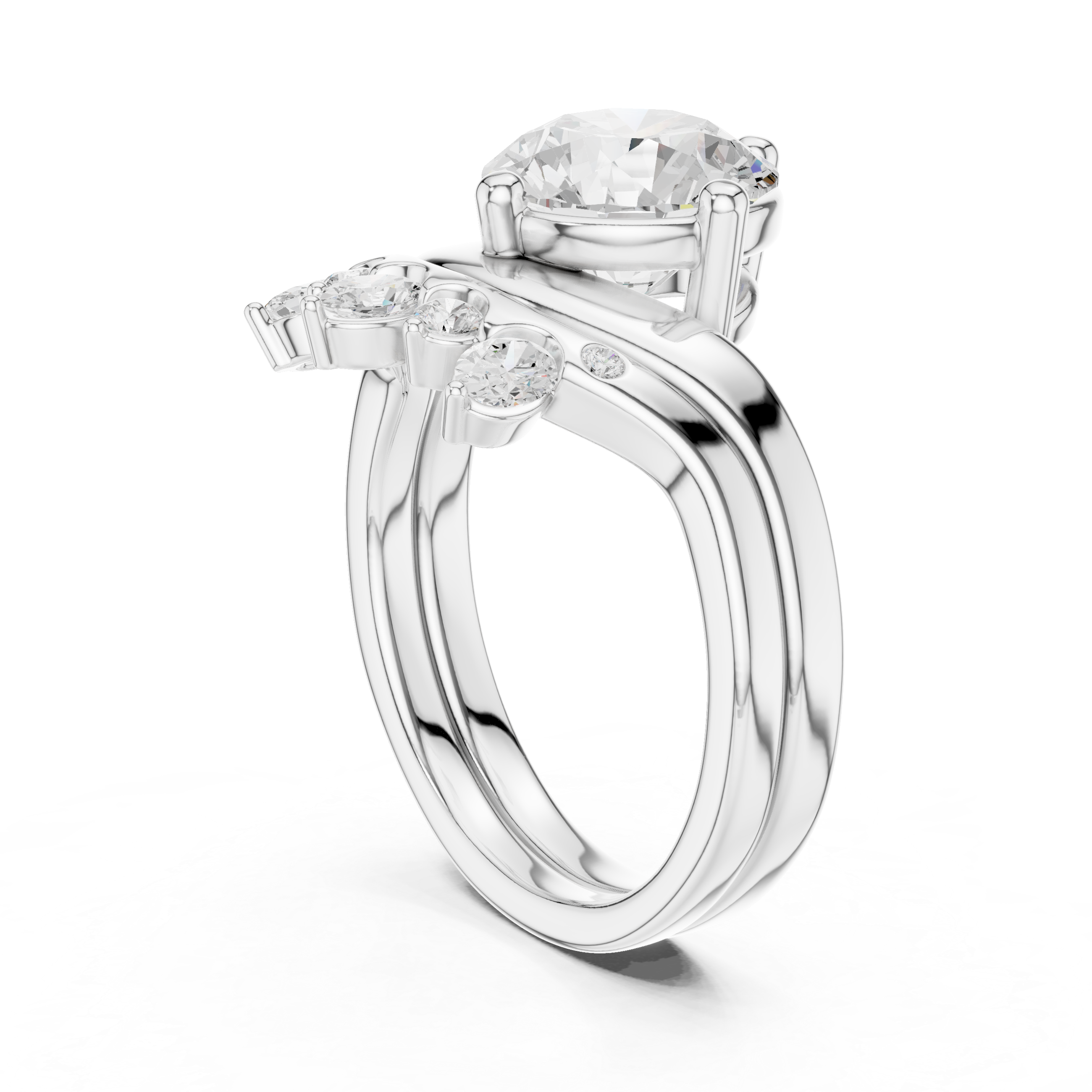Round Brilliant Cut Curved Bridal Ring Set with Crown-Inspired Diamond Wedding Band