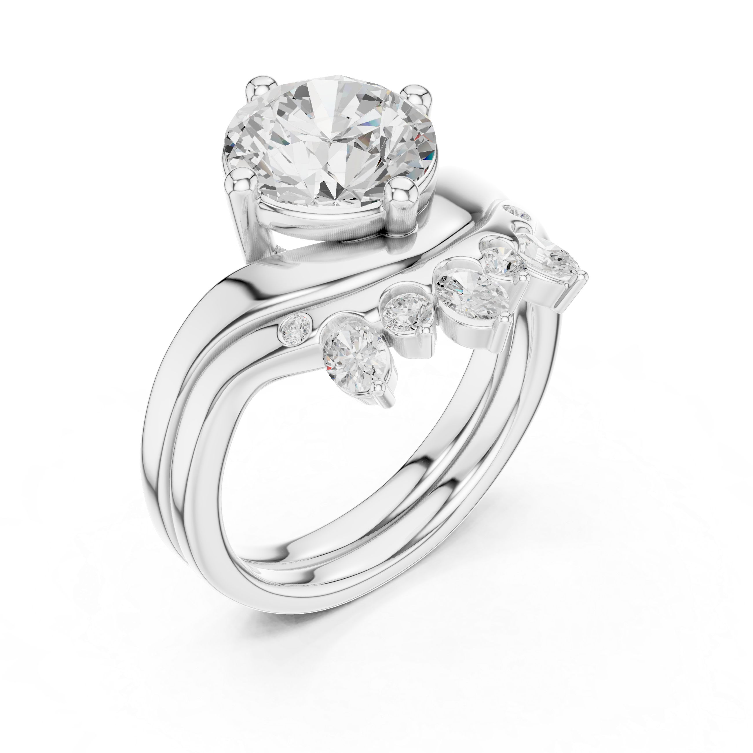 Round Brilliant Cut Curved Bridal Ring Set with Crown-Inspired Diamond Wedding Band