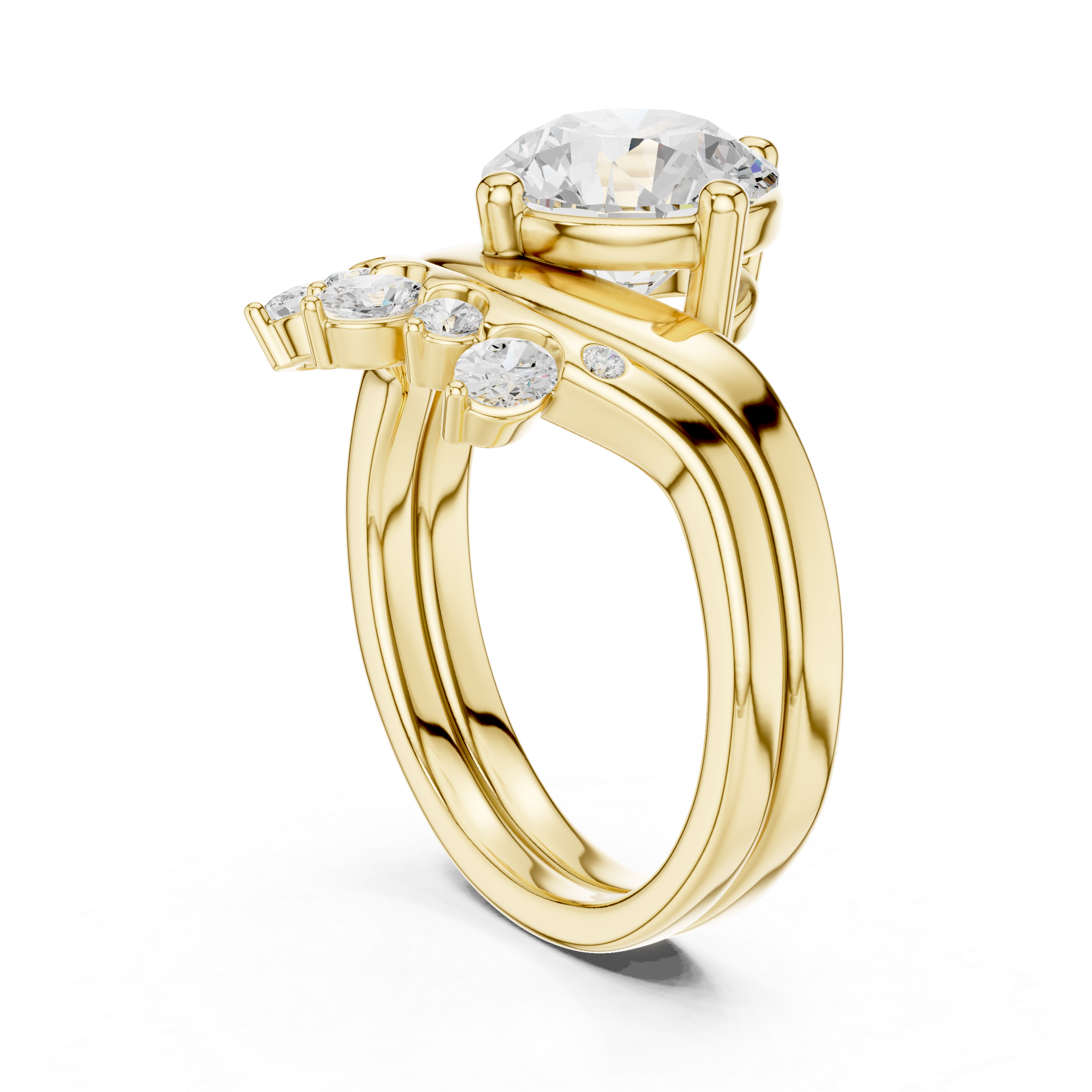 Round Brilliant Cut Curved Bridal Ring Set with Crown-Inspired Diamond Wedding Band