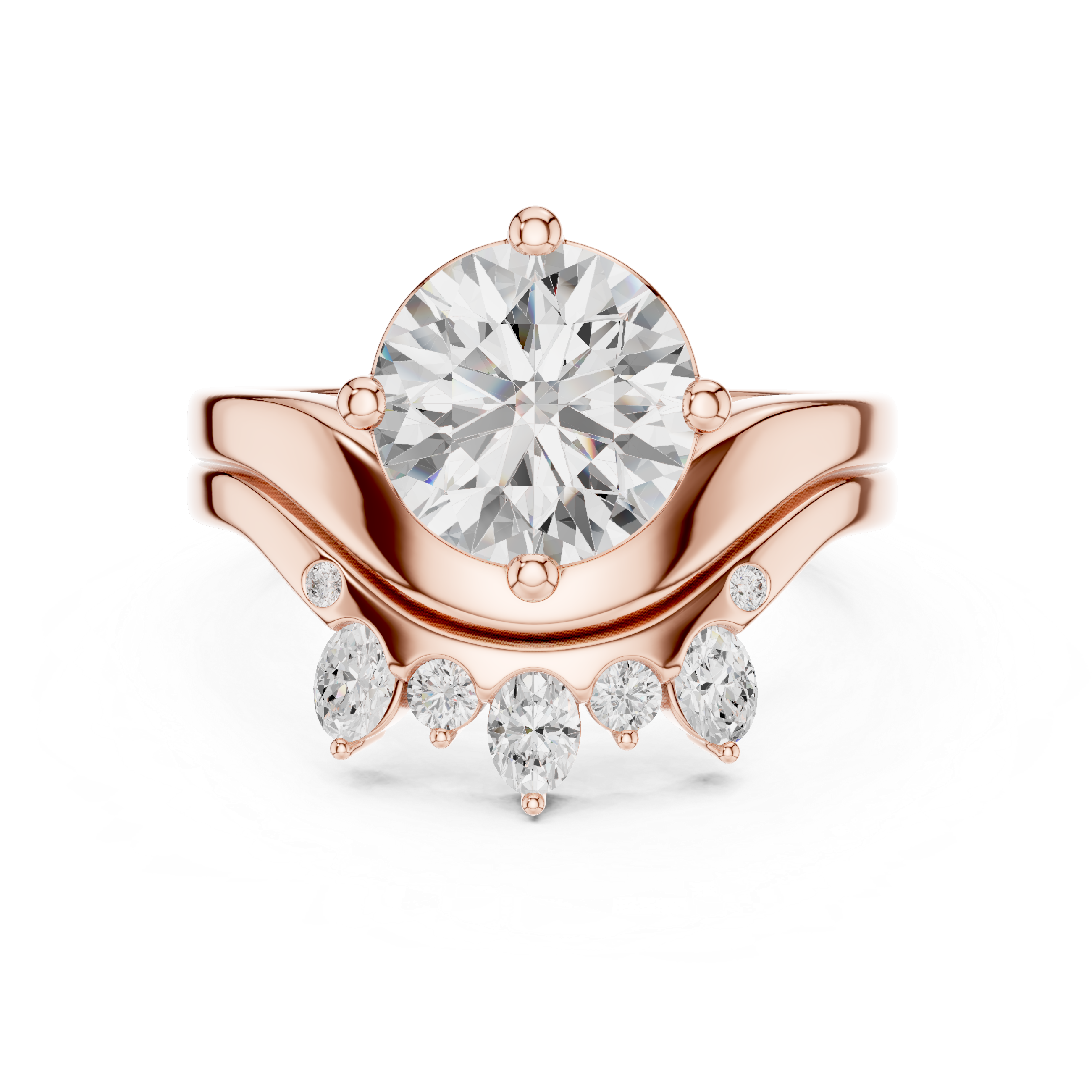 Round Brilliant Cut Curved Bridal Ring Set with Crown-Inspired Diamond Wedding Band