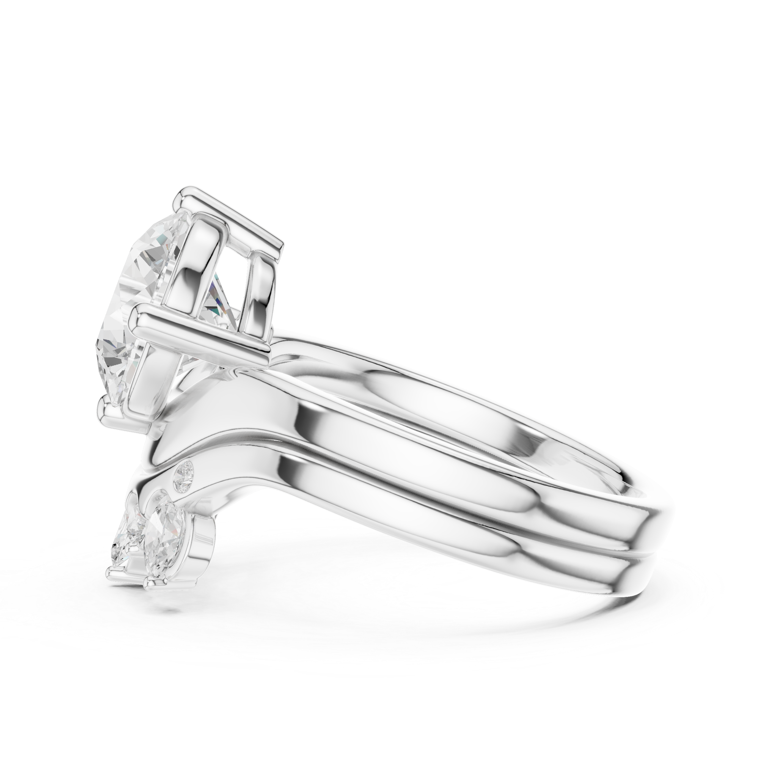 Round Brilliant Cut Curved Bridal Ring Set with Crown-Inspired Diamond Wedding Band