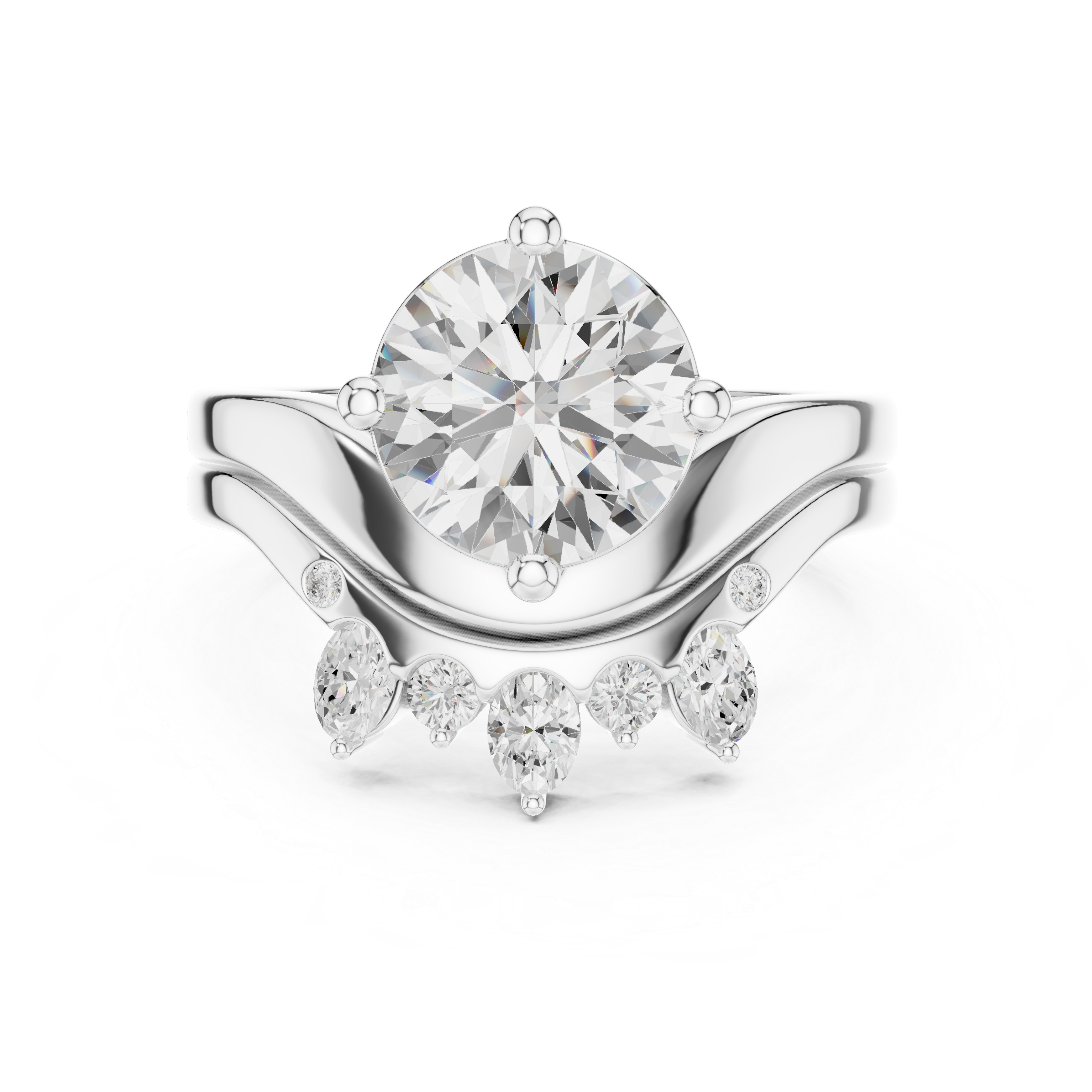 Round Brilliant Cut Curved Bridal Ring Set with Crown-Inspired Diamond Wedding Band