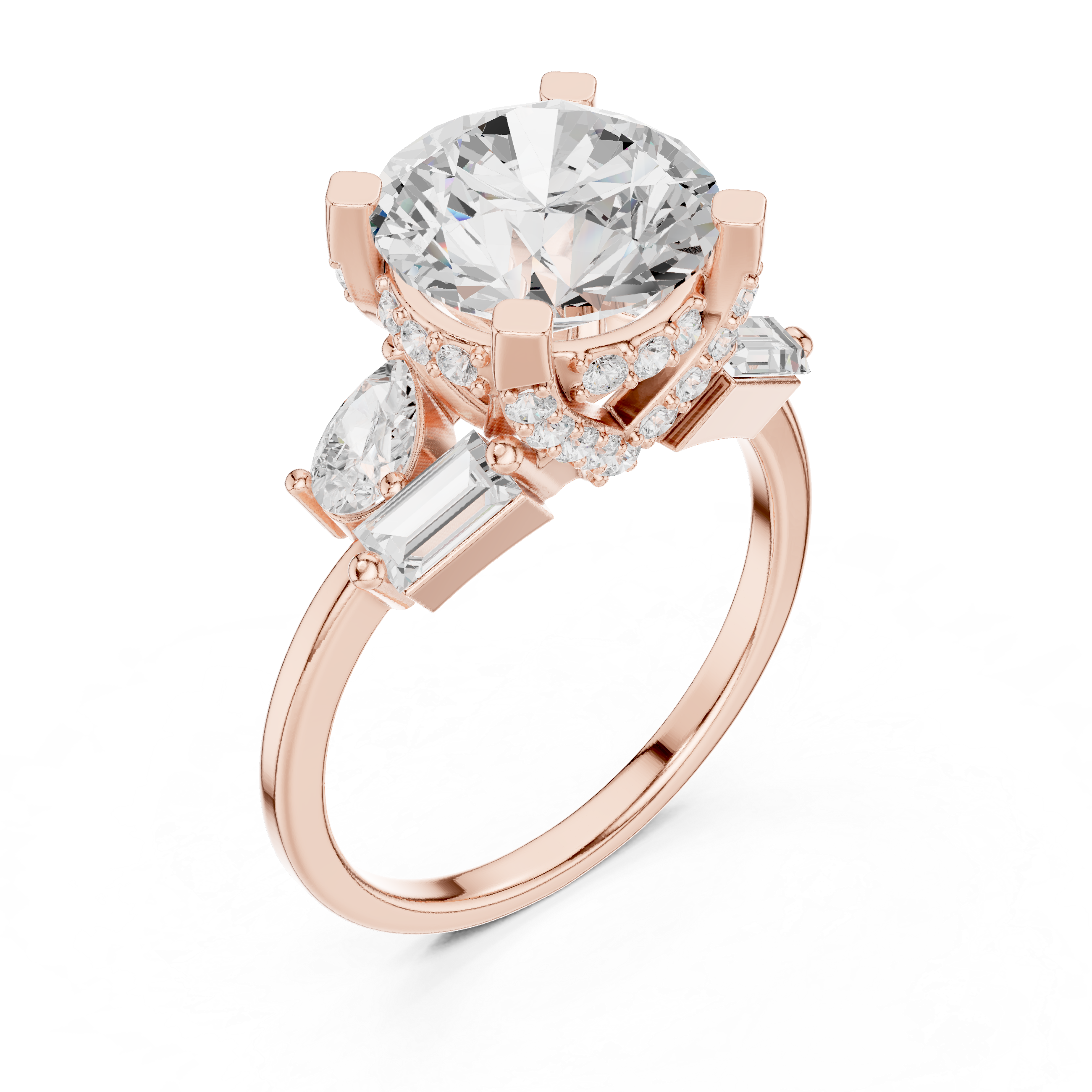 Round Diamond Engagement Ring with Pear & Baguette Side Stones