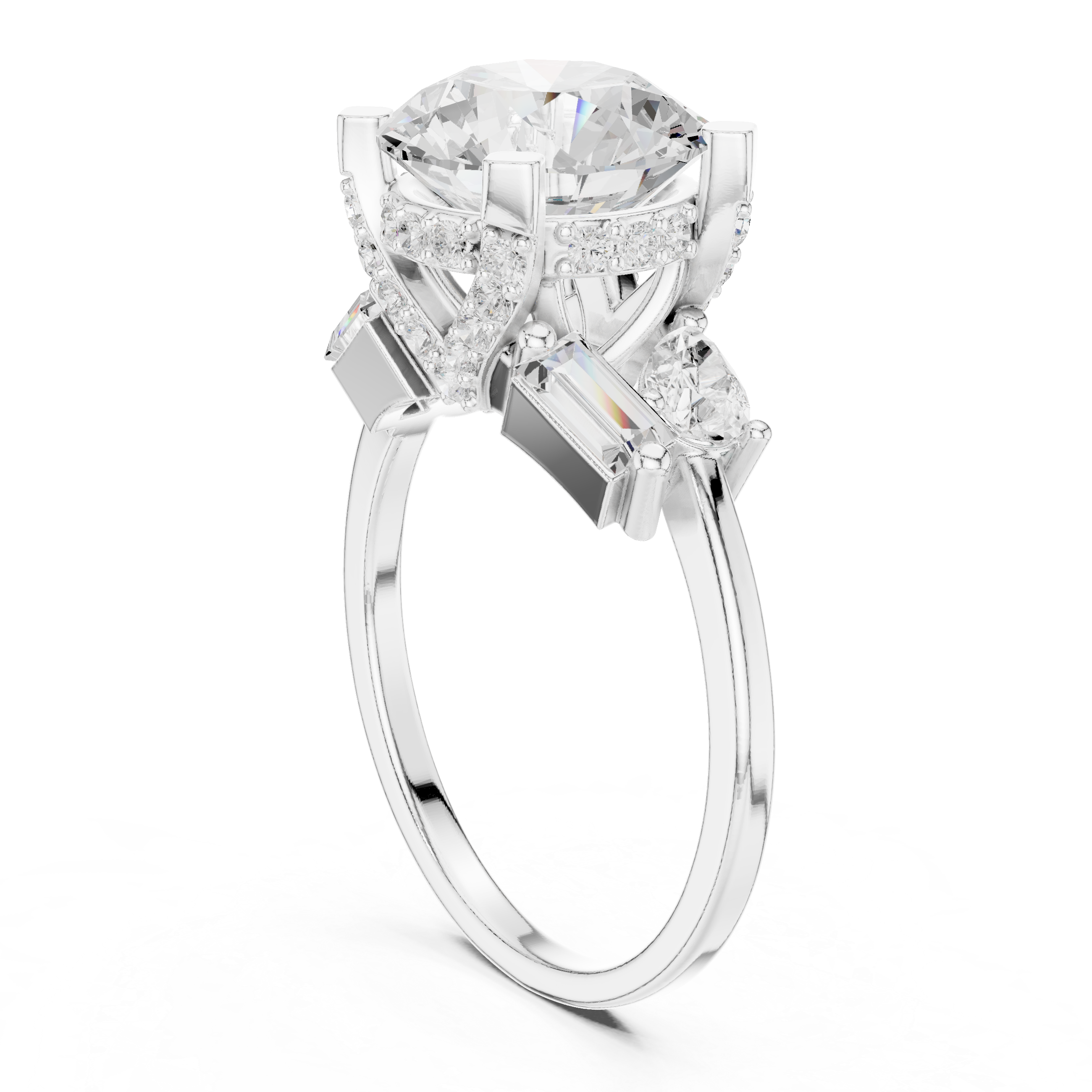 Round Diamond Engagement Ring with Pear & Baguette Side Stones