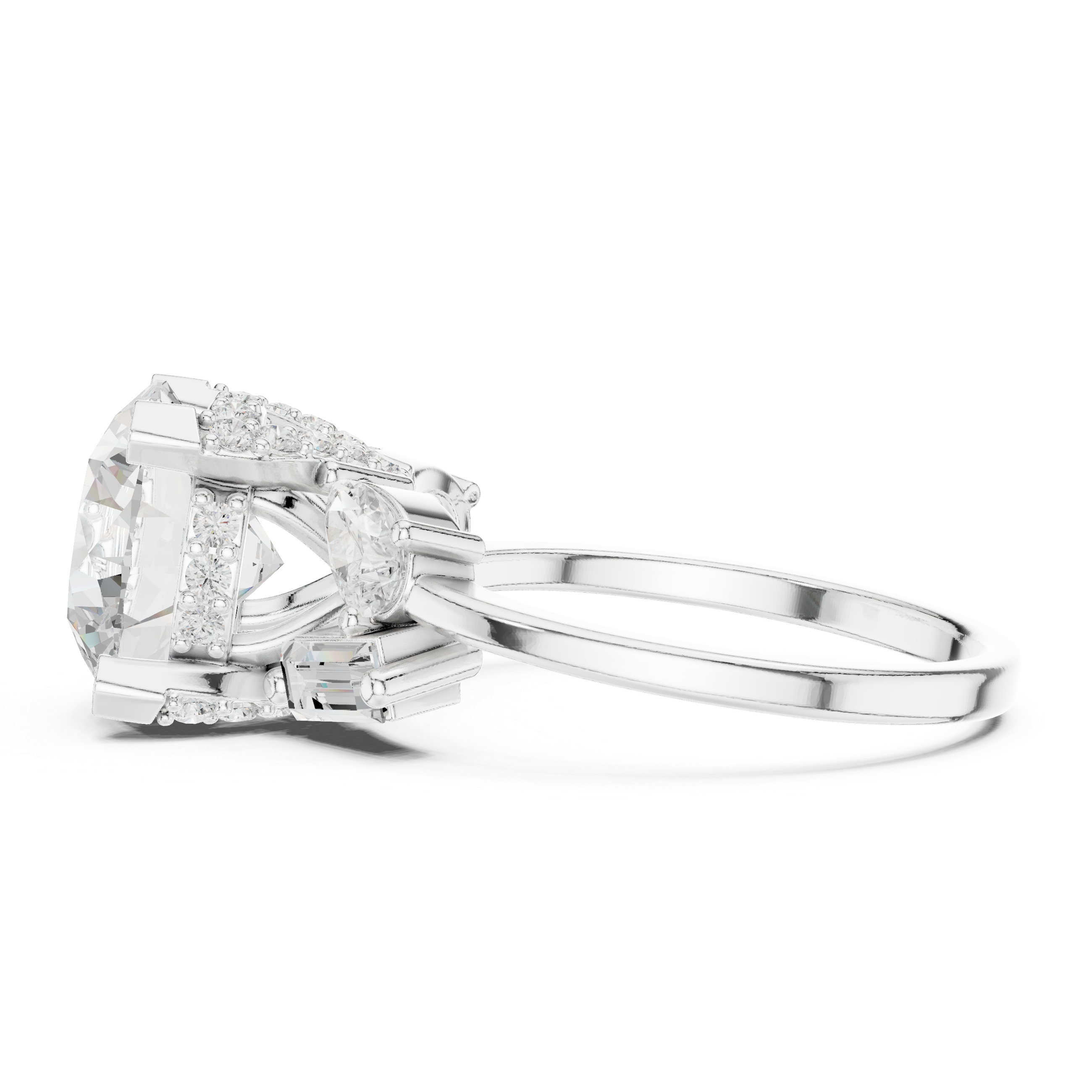 Round Diamond Engagement Ring with Pear & Baguette Side Stones