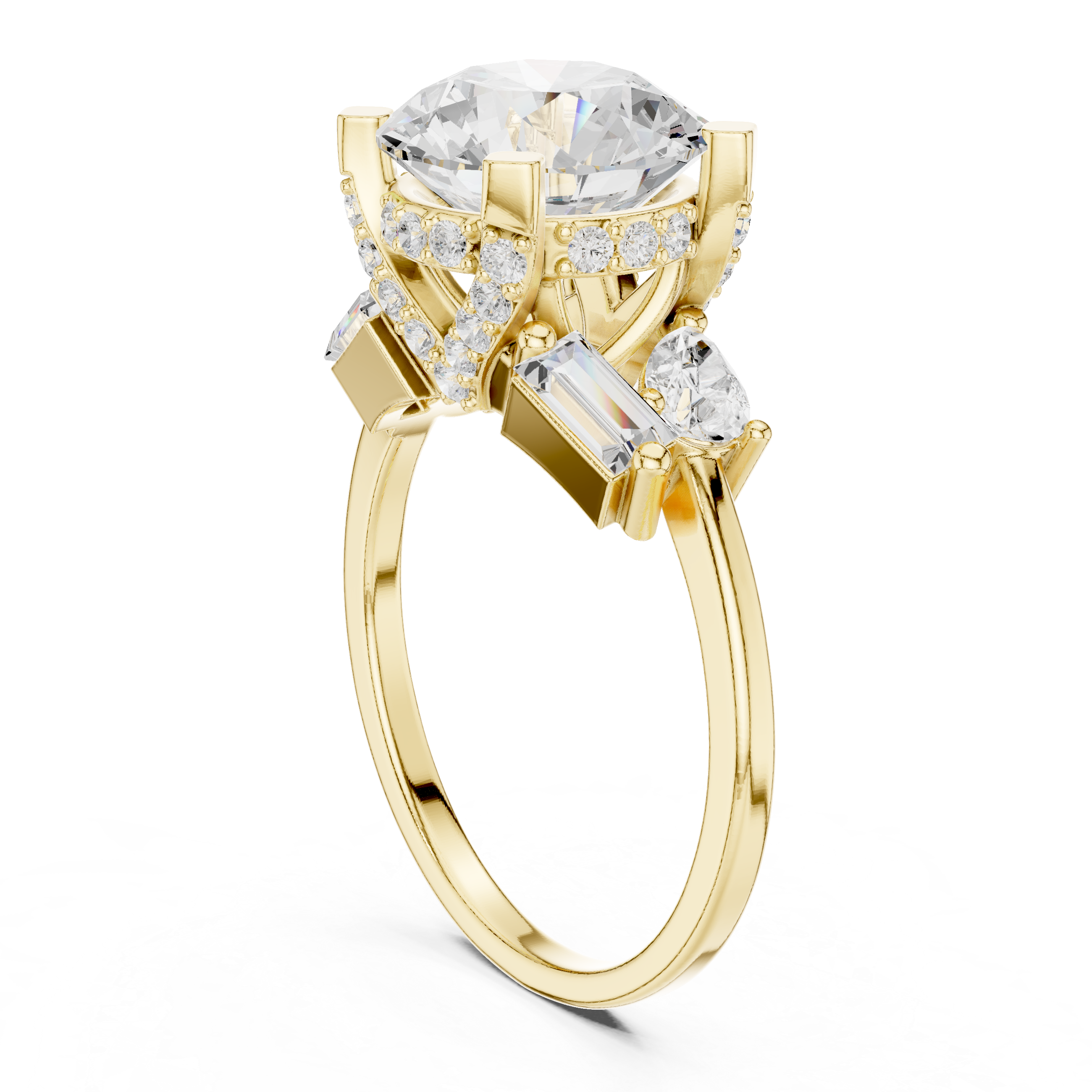Round Diamond Engagement Ring with Pear & Baguette Side Stones