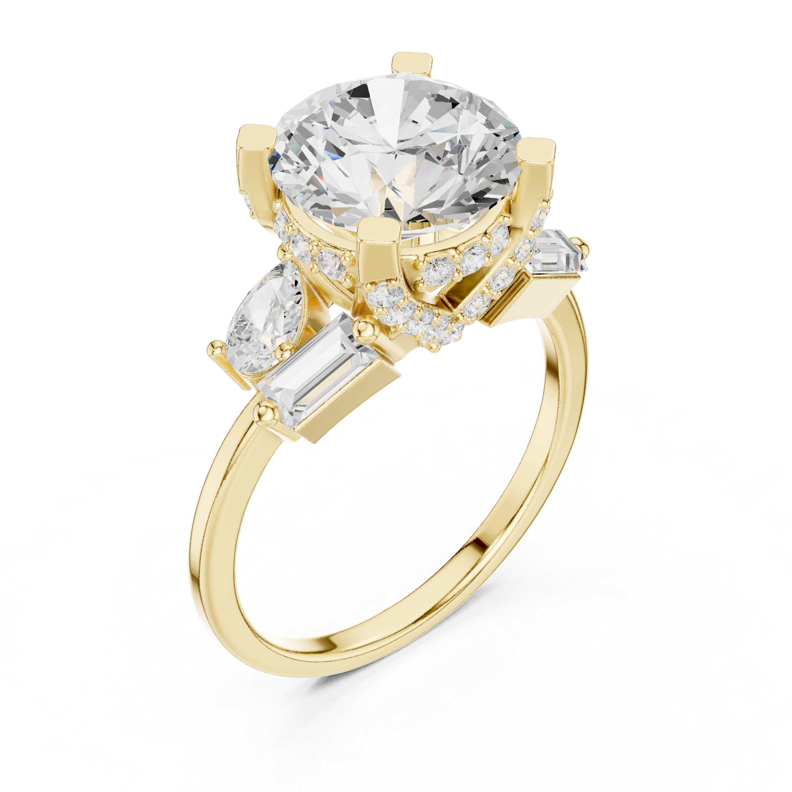 Round Diamond Engagement Ring with Pear & Baguette Side Stones