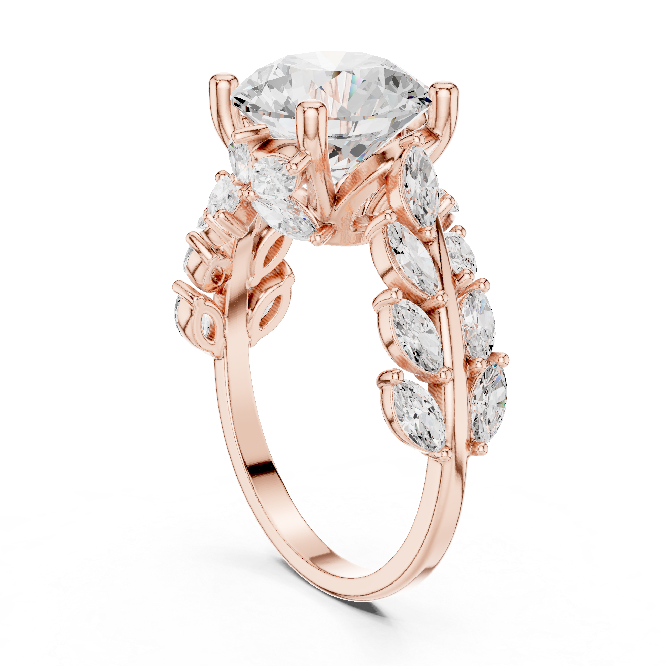 Round Diamond Solitaire Engagement Ring with Marquise Diamond Band