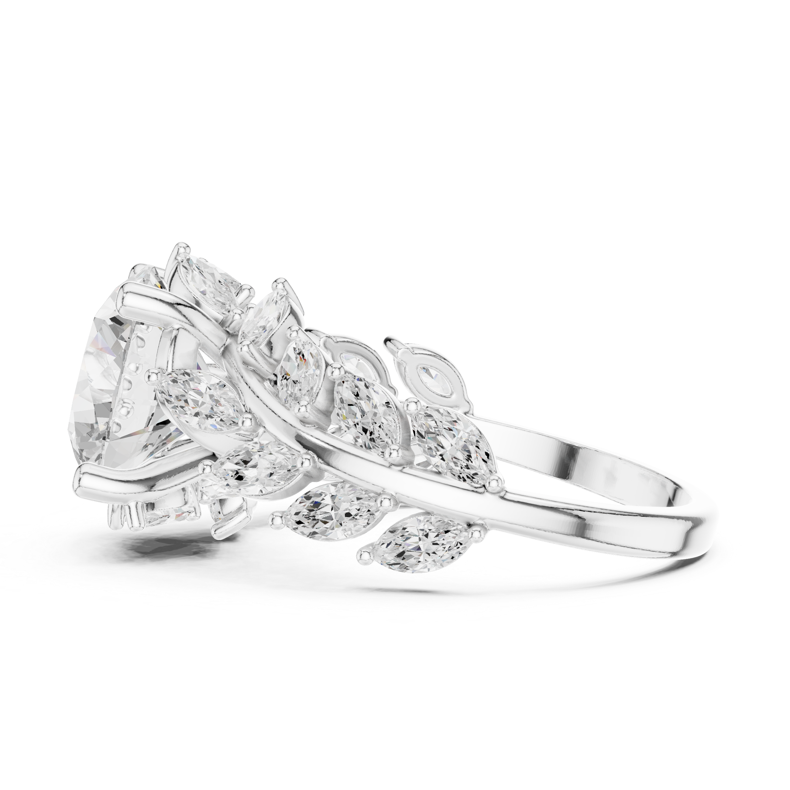Round Diamond Solitaire Engagement Ring with Marquise Diamond Band