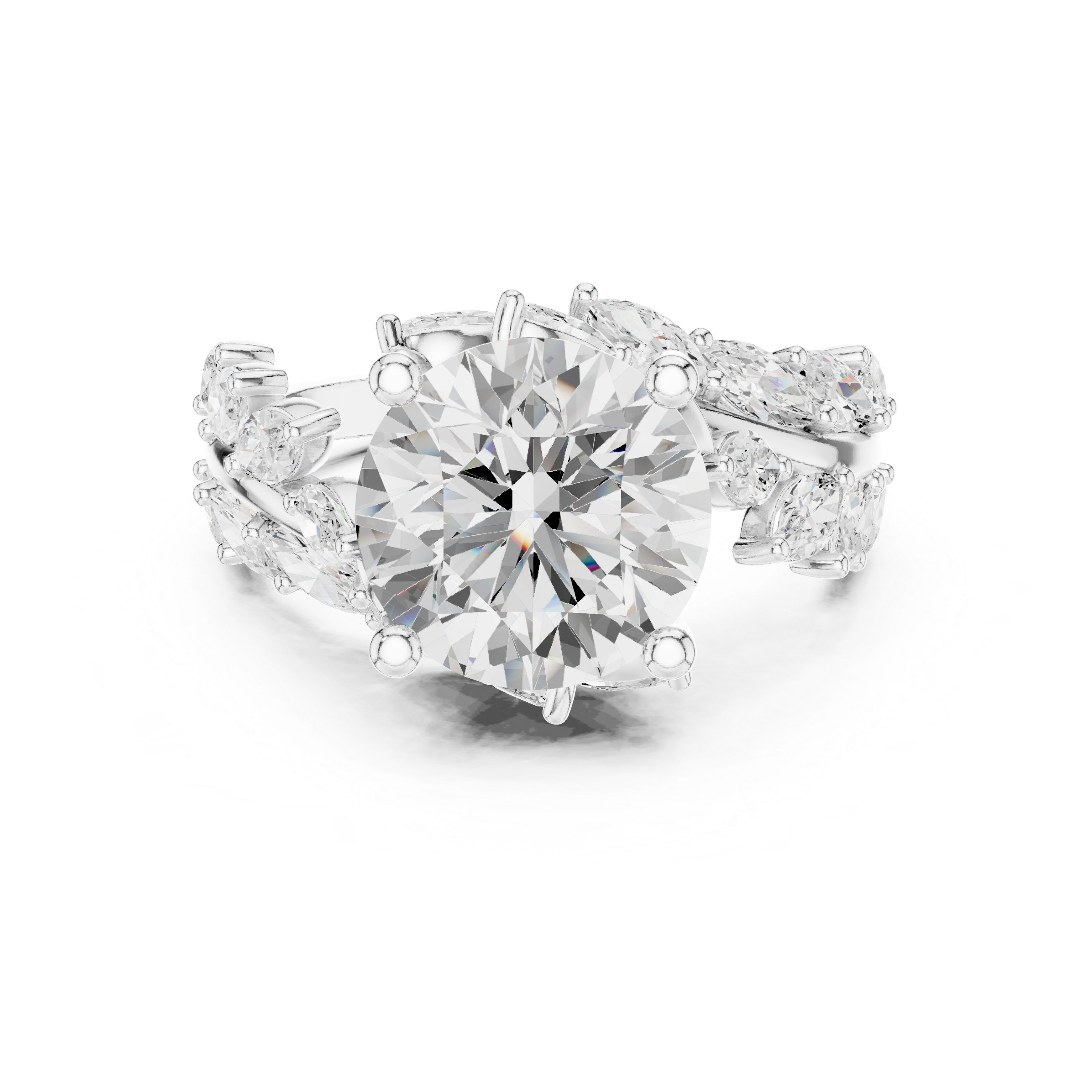 Round Diamond Solitaire Engagement Ring with Marquise Diamond Band