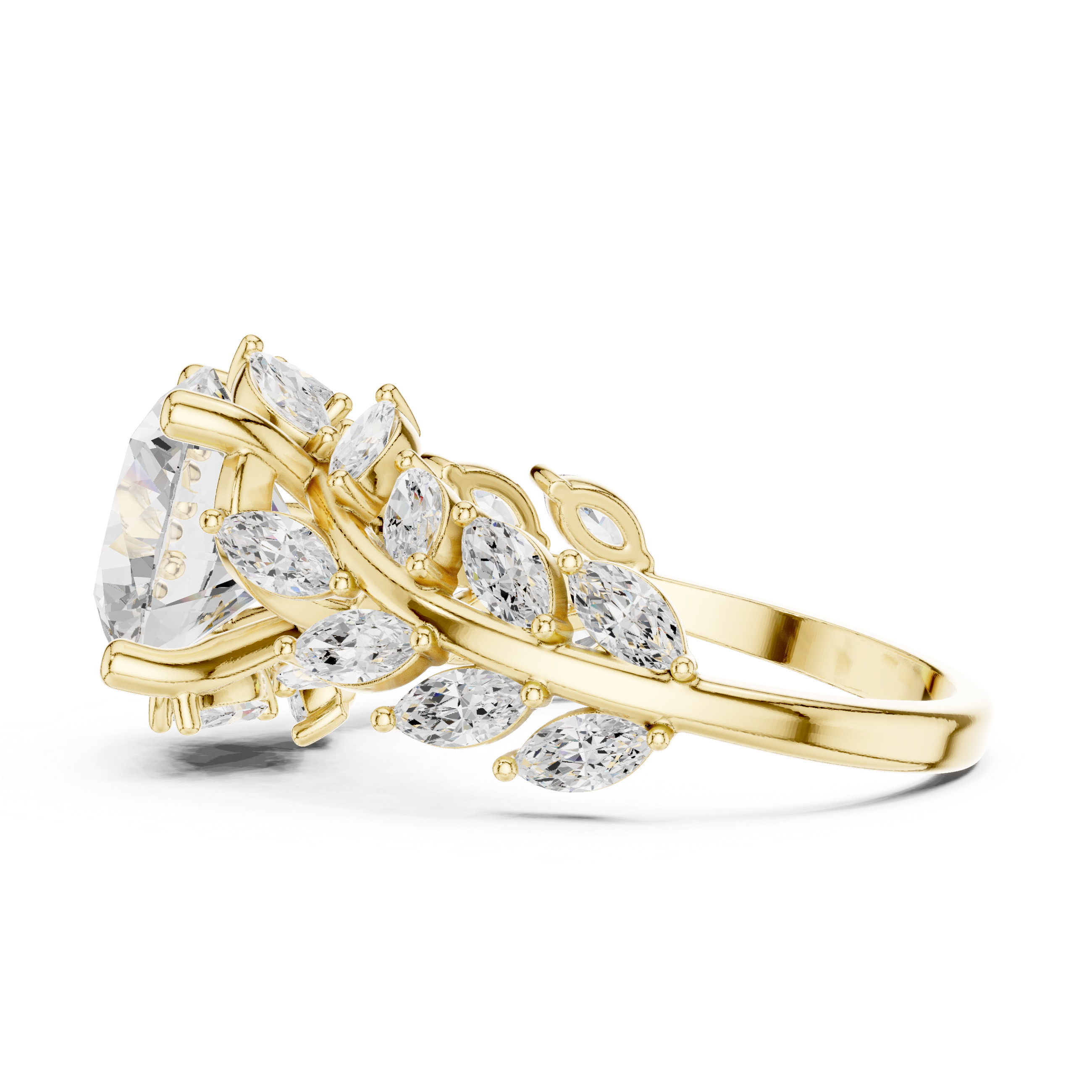 Round Diamond Solitaire Engagement Ring with Marquise Diamond Band
