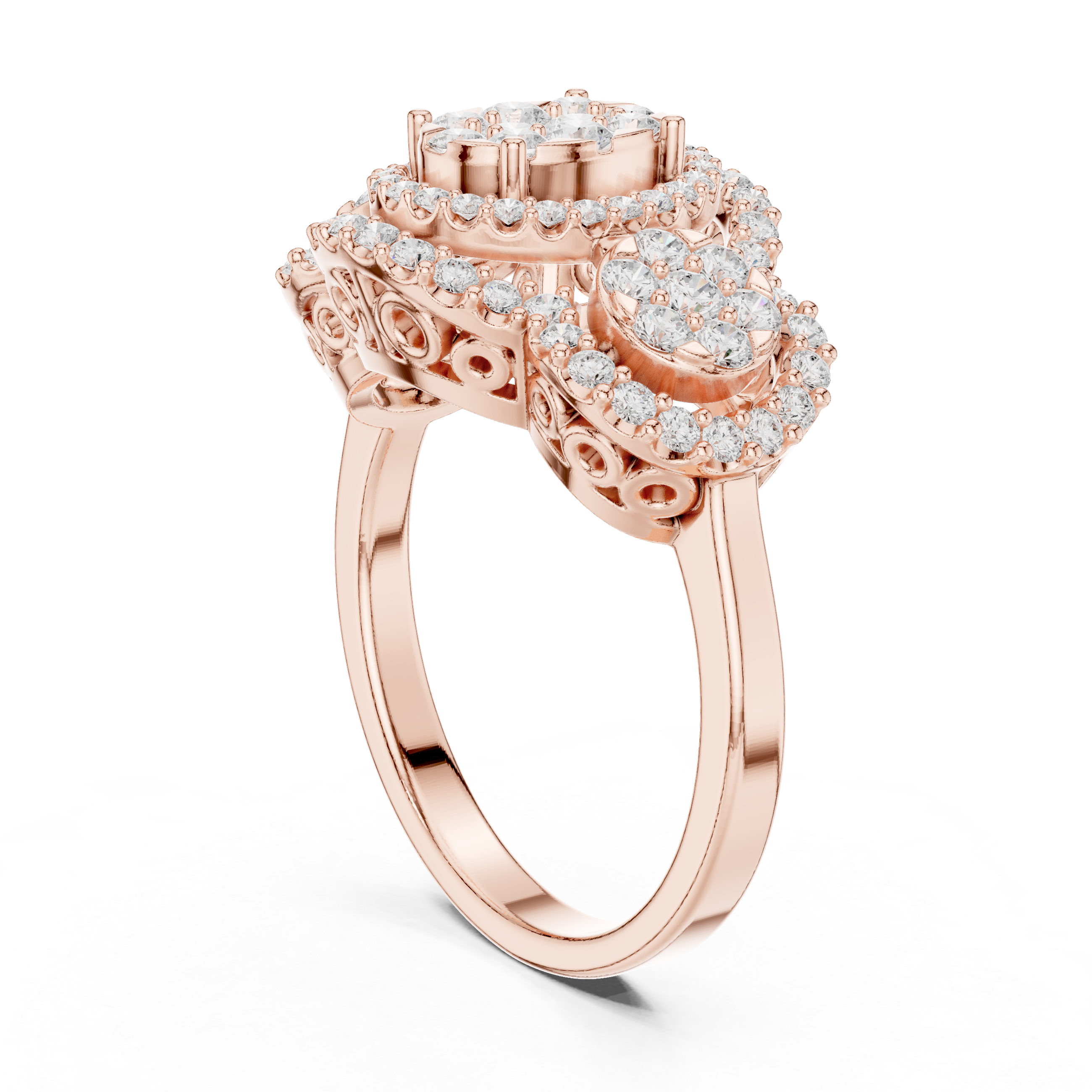 Three Stone Halo Diamond Engagement Ring