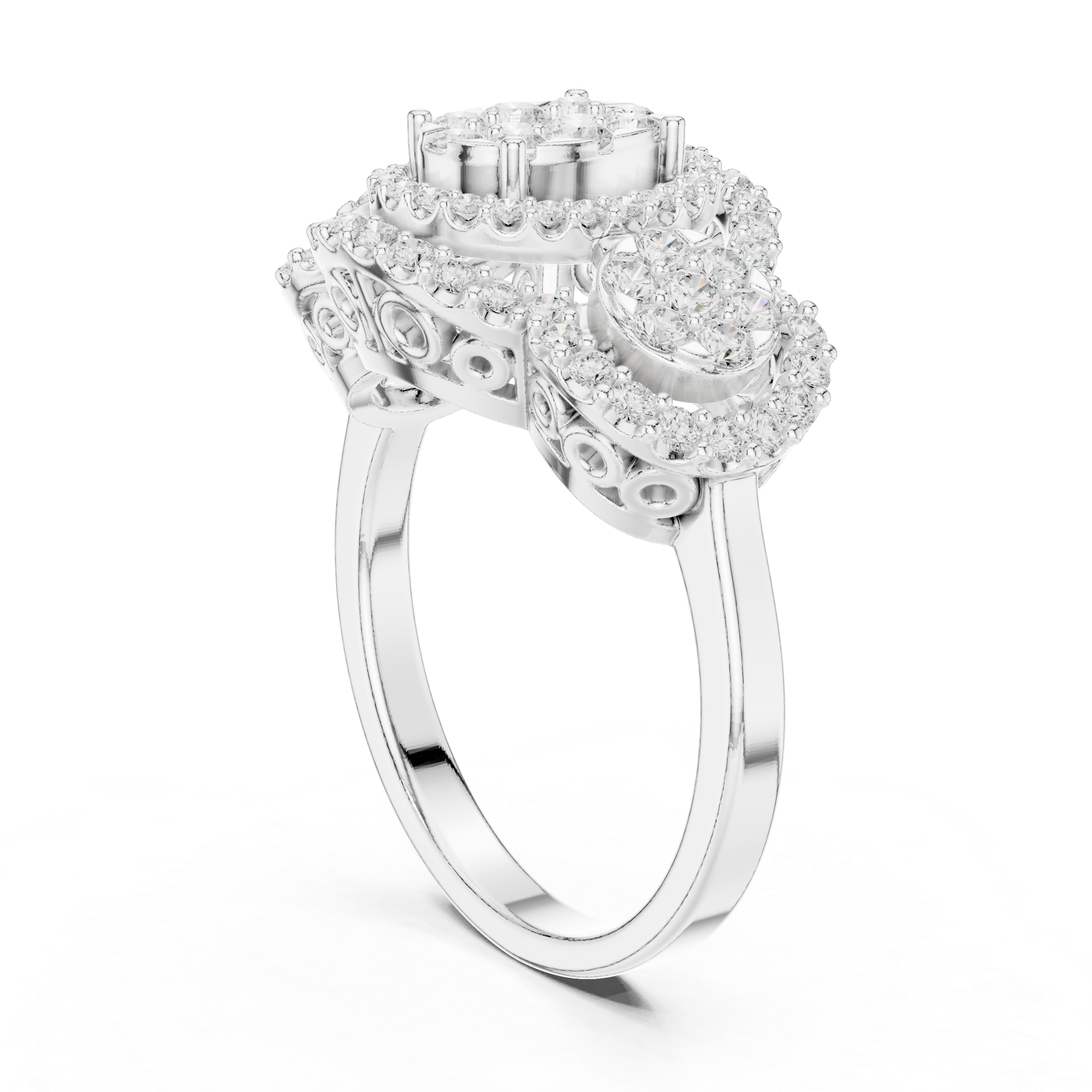 Three Stone Halo Diamond Engagement Ring