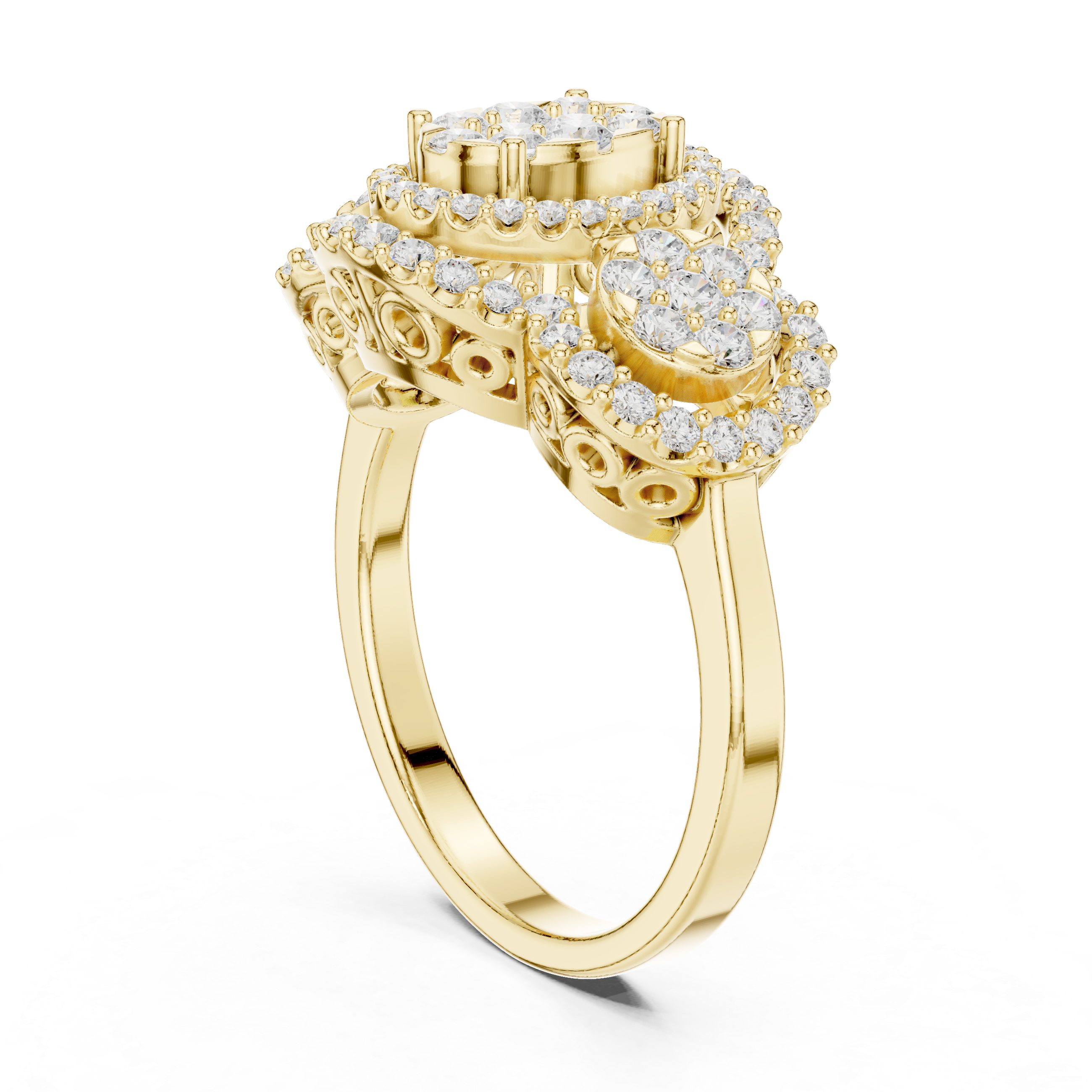 Three Stone Halo Diamond Engagement Ring