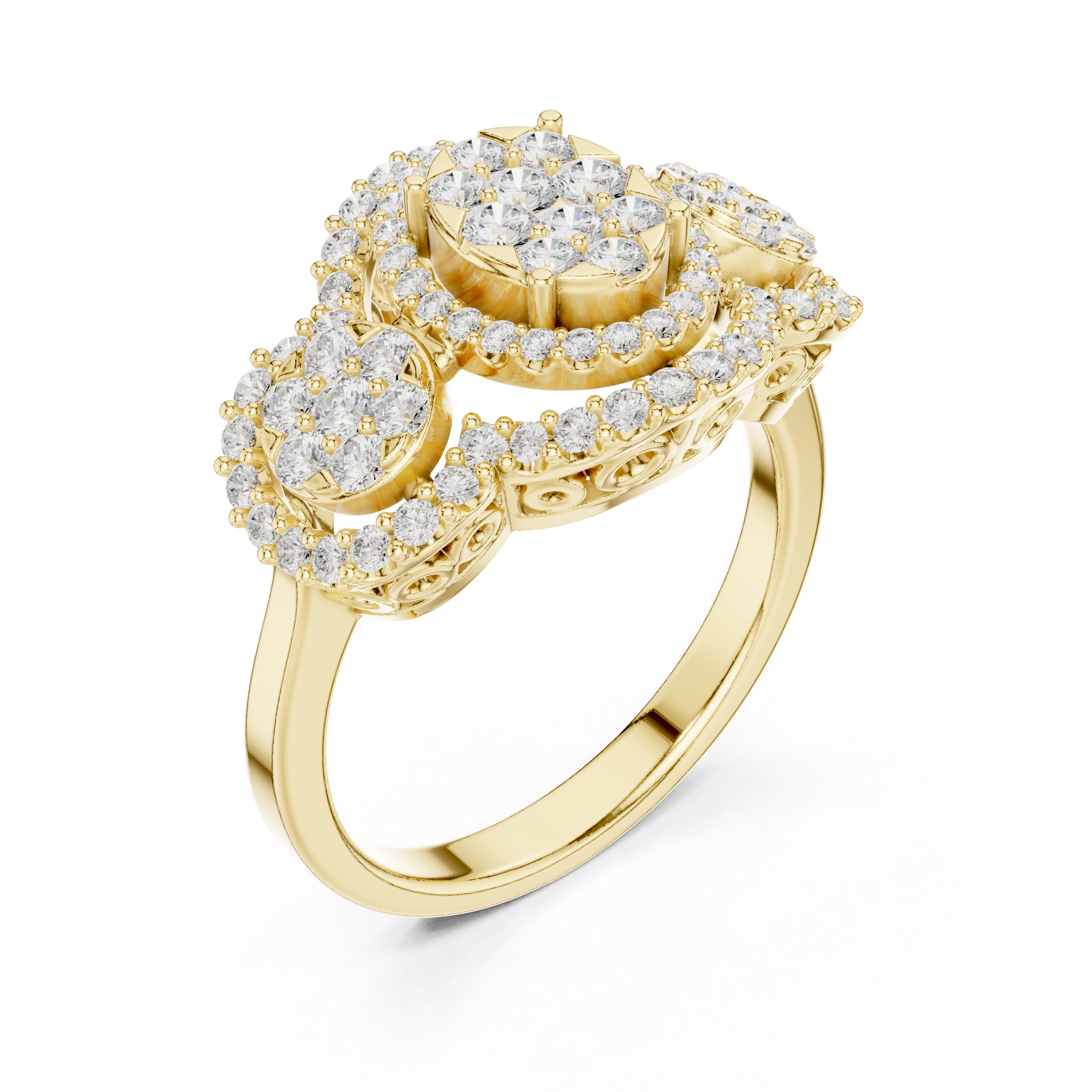 Three Stone Halo Diamond Engagement Ring