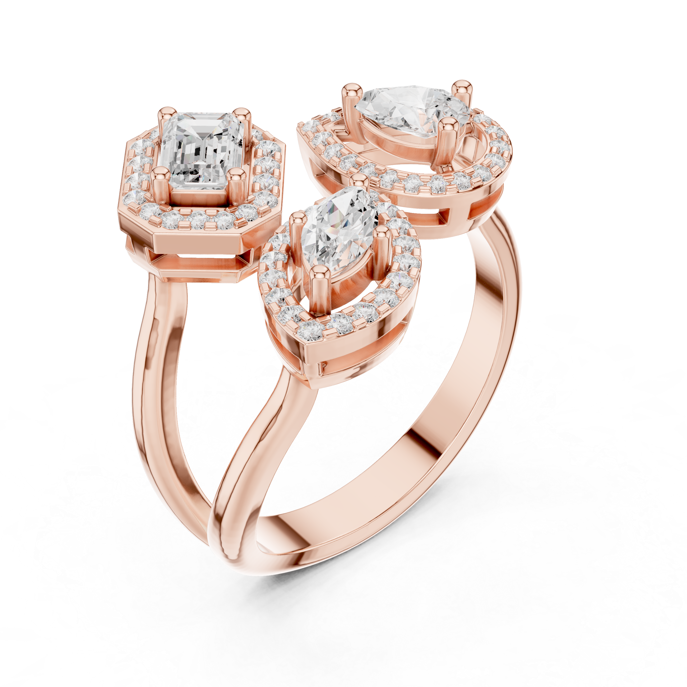 Three Stone Open Halo Diamond Ring