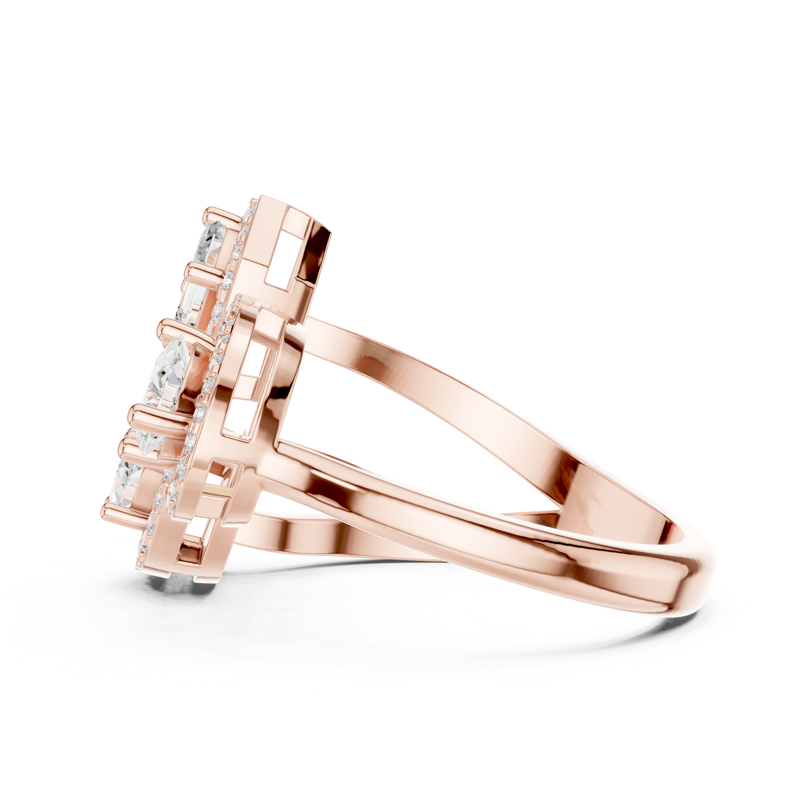 Three Stone Open Halo Diamond Ring