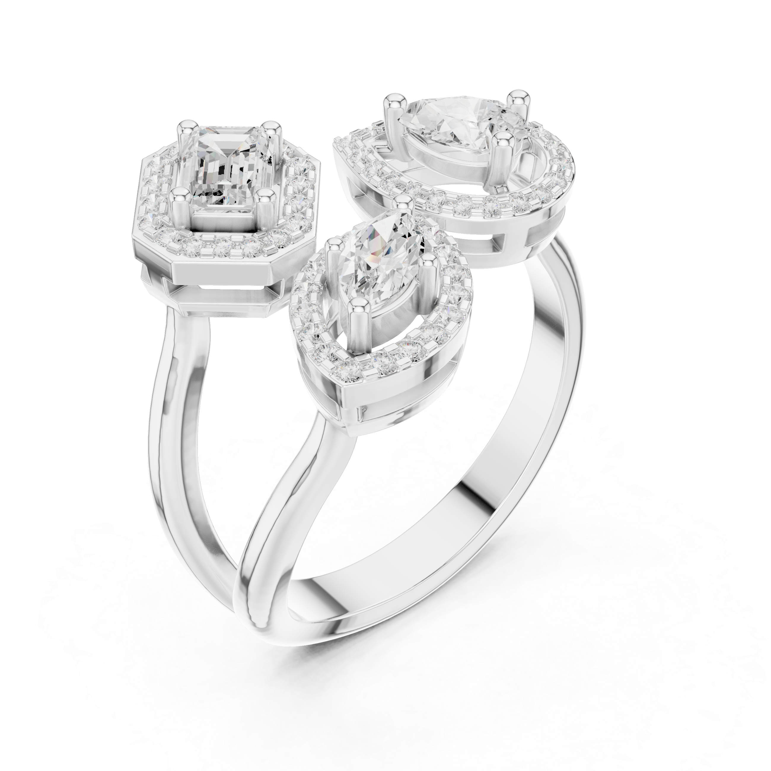 Three Stone Open Halo Diamond Ring