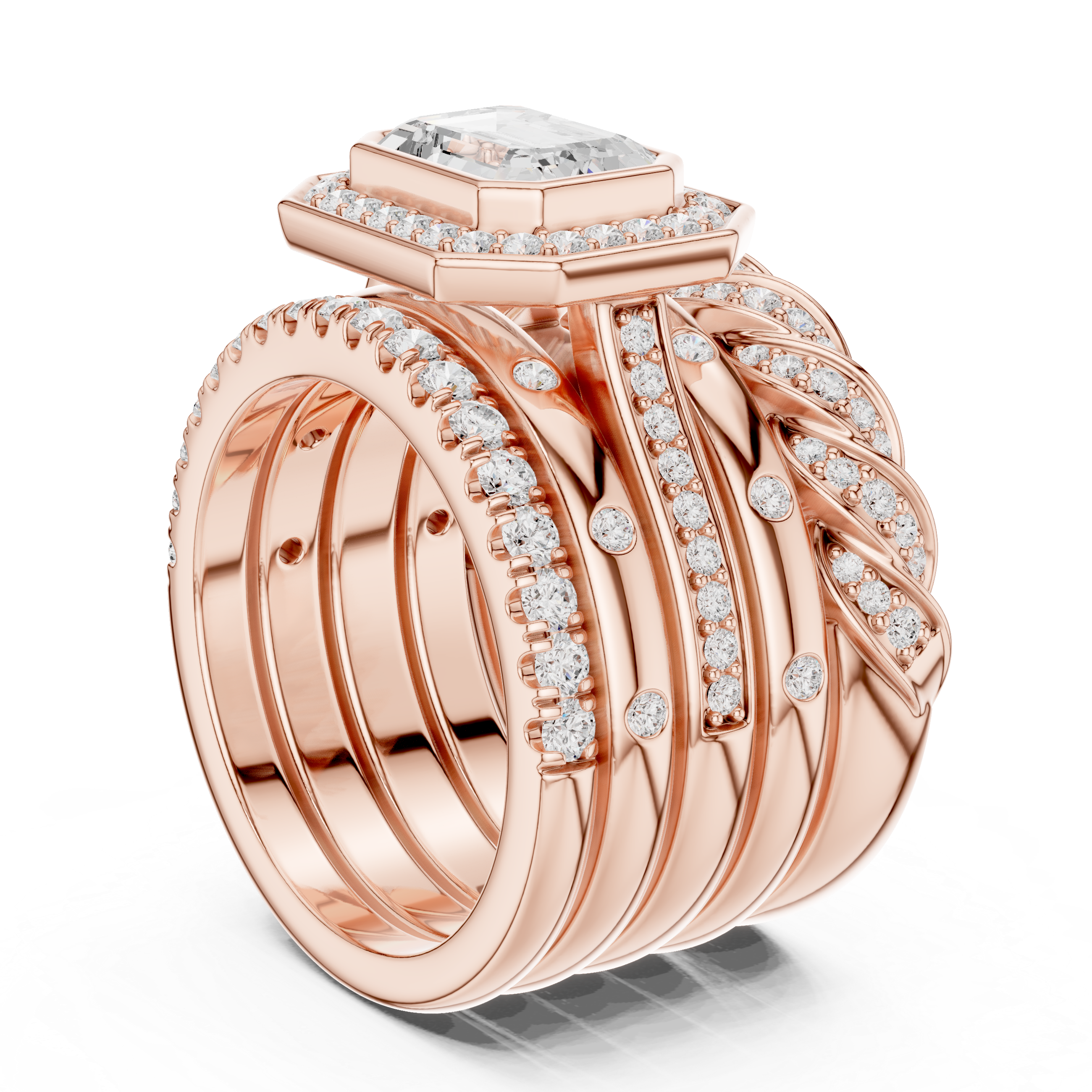 Emerald Cut Diamond Halo Bridal Ring Set with Twisted Pavé Band Stack – 2.36 CT Total Diamond Weight