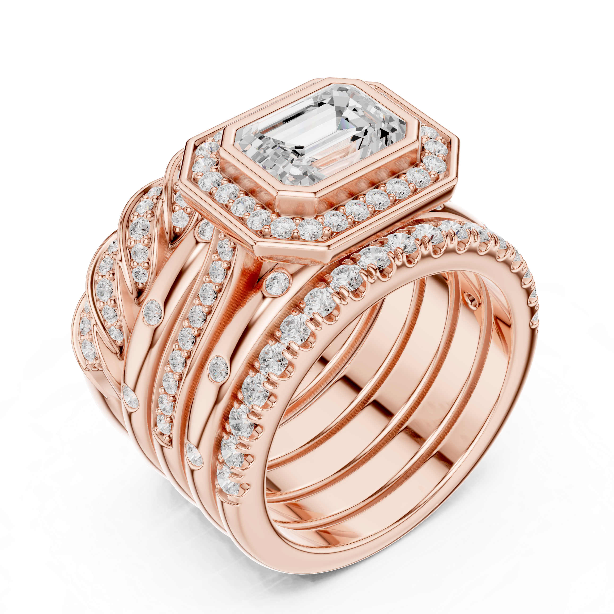 Emerald Cut Diamond Halo Bridal Ring Set with Twisted Pavé Band Stack – 2.36 CT Total Diamond Weight