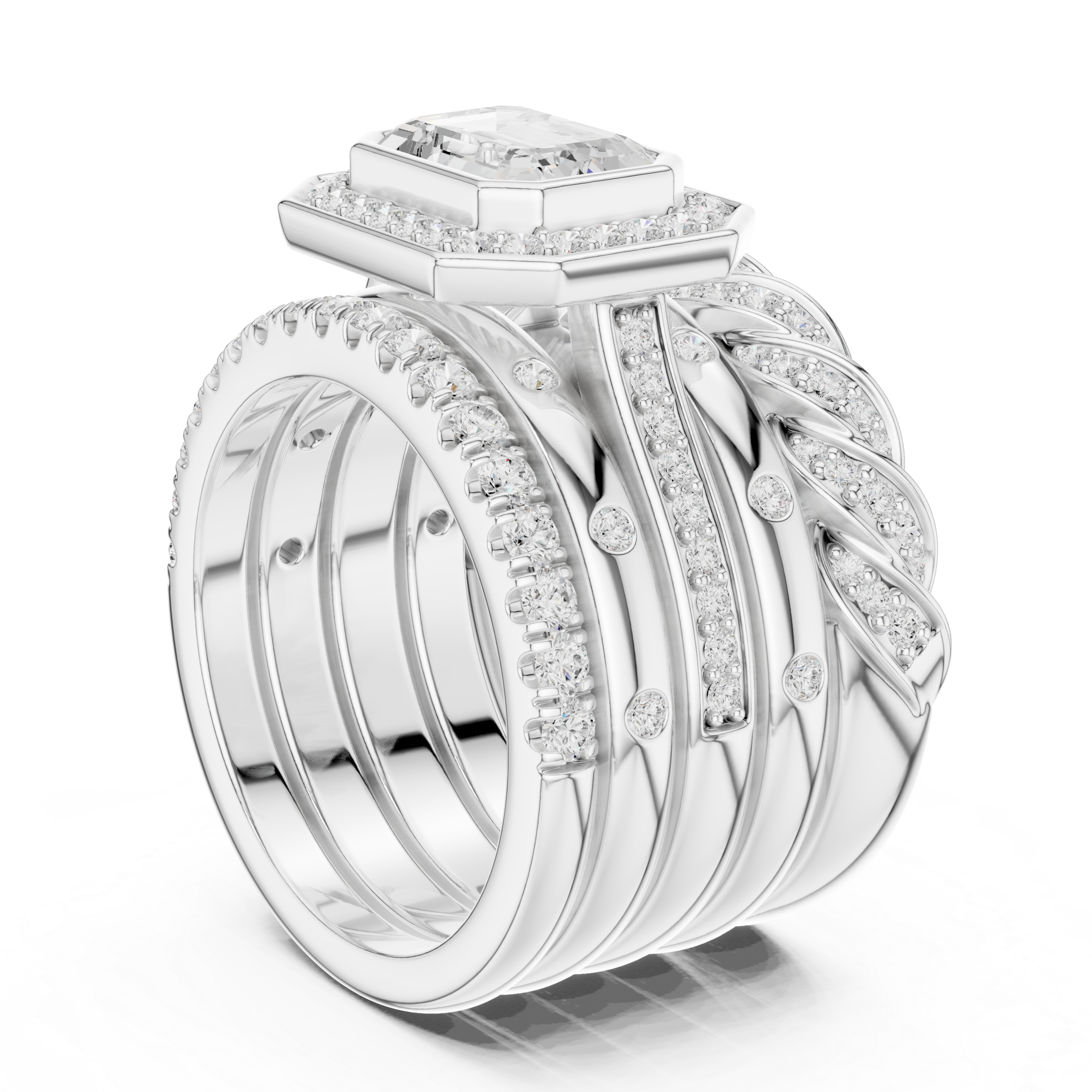 Emerald Cut Diamond Halo Bridal Ring Set with Twisted Pavé Band Stack – 2.36 CT Total Diamond Weight