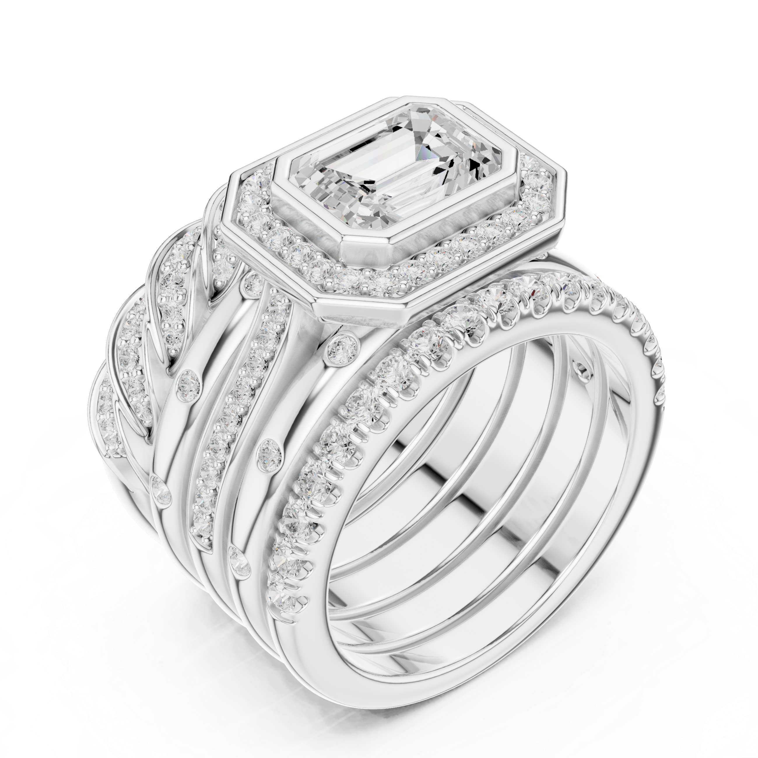 Emerald Cut Diamond Halo Bridal Ring Set with Twisted Pavé Band Stack – 2.36 CT Total Diamond Weight