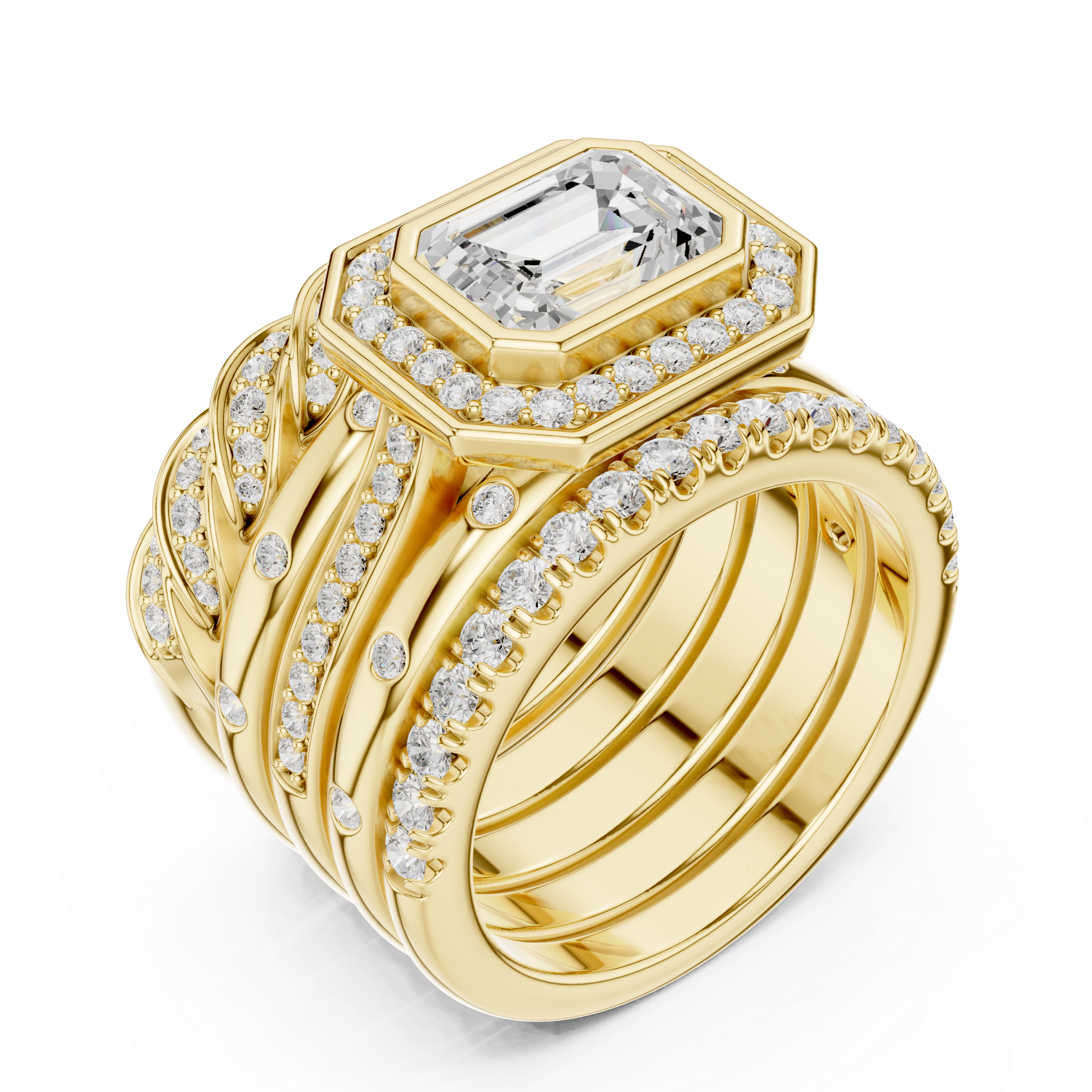 Emerald Cut Diamond Halo Bridal Ring Set with Twisted Pavé Band Stack – 2.36 CT Total Diamond Weight
