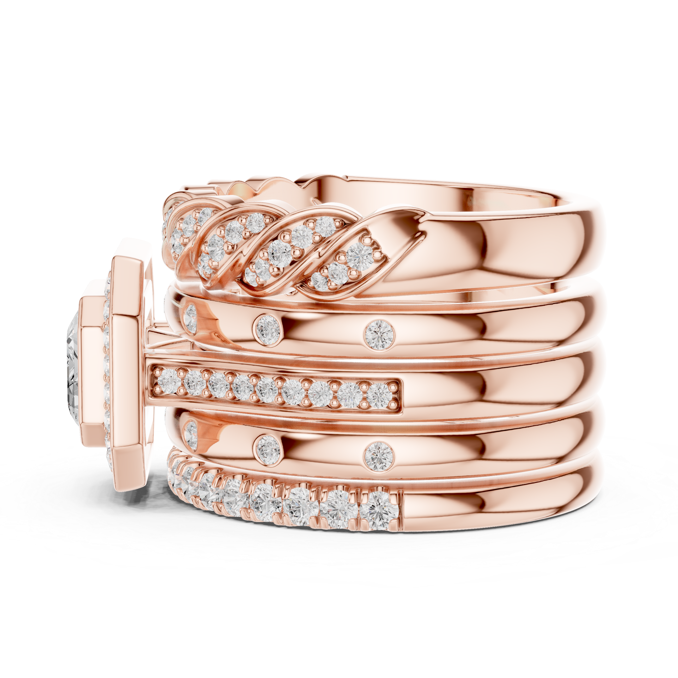 Emerald Cut Diamond Halo Bridal Ring Set with Twisted Pavé Band Stack – 2.36 CT Total Diamond Weight