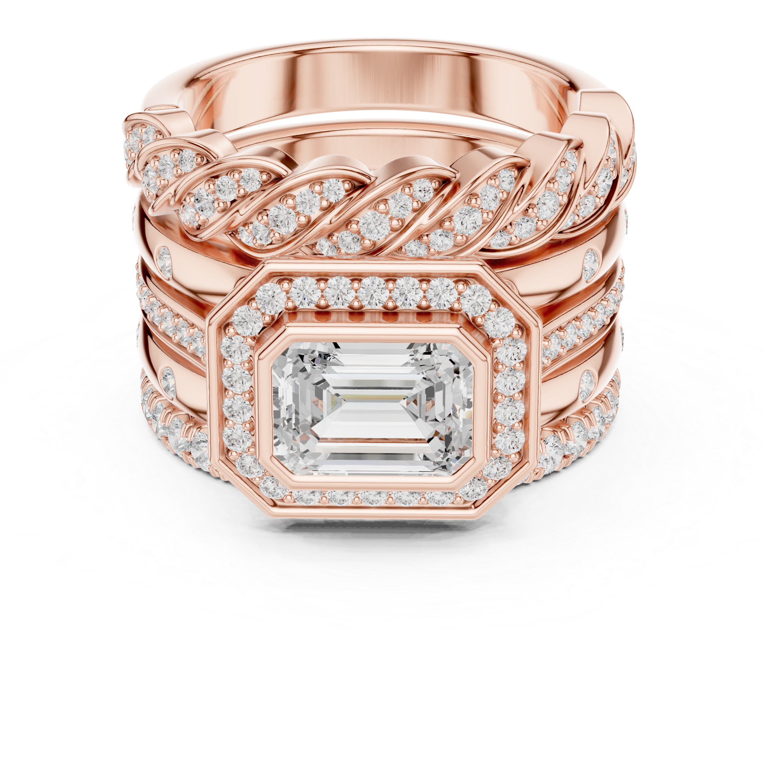 Emerald Cut Diamond Halo Bridal Ring Set with Twisted Pavé Band Stack – 2.36 CT Total Diamond Weight