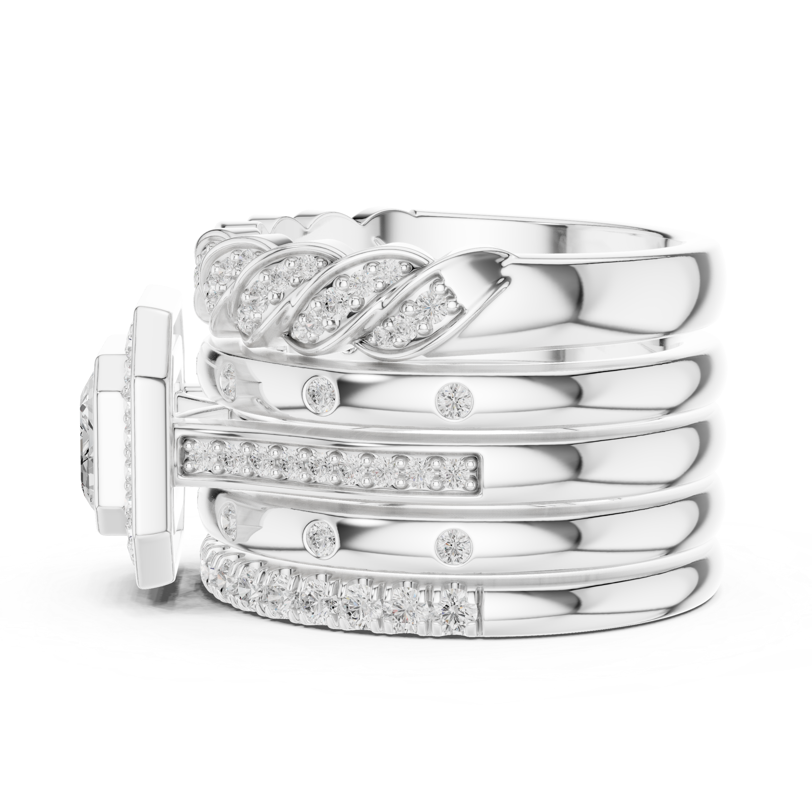 Emerald Cut Diamond Halo Bridal Ring Set with Twisted Pavé Band Stack – 2.36 CT Total Diamond Weight
