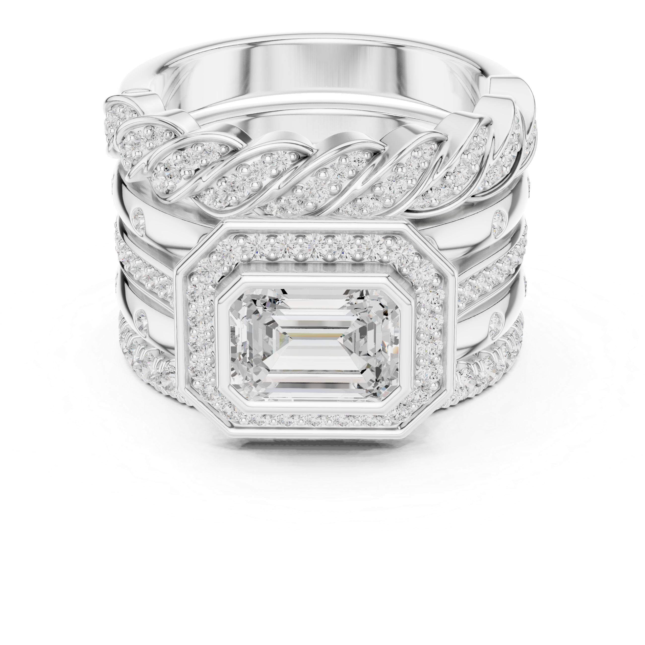 Emerald Cut Diamond Halo Bridal Ring Set with Twisted Pavé Band Stack – 2.36 CT Total Diamond Weight