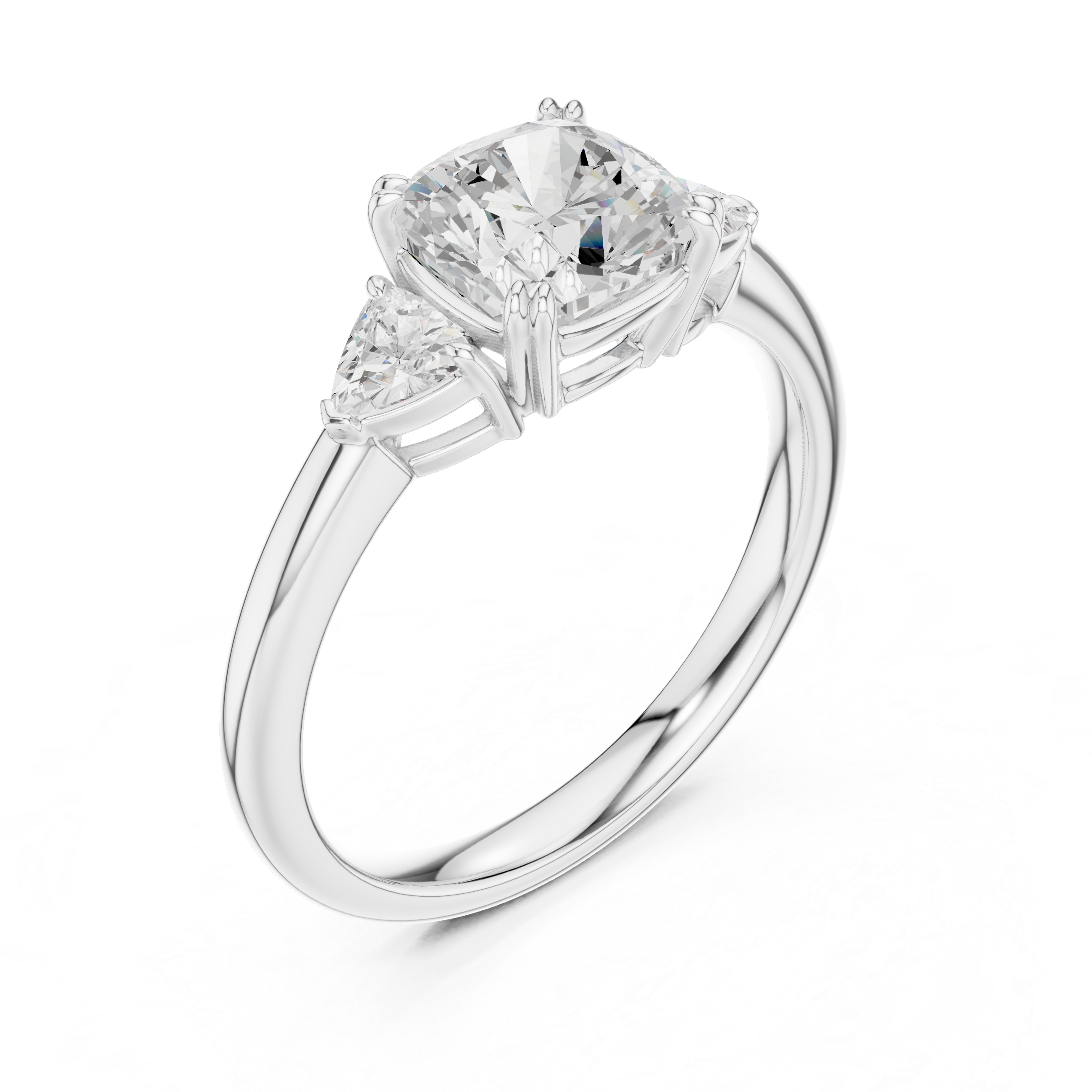 Three Stone Cushion Cut Engagement Ring with Trillion Side Diamonds – 2.40 CT Total Diamond Weight