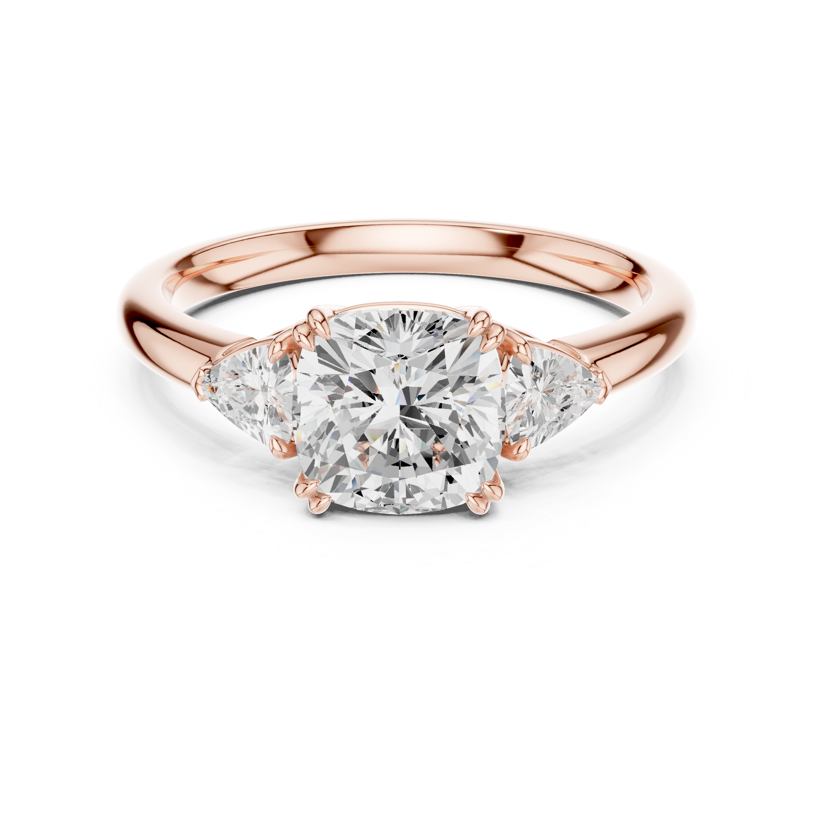 Three Stone Cushion Cut Engagement Ring with Trillion Side Diamonds – 2.40 CT Total Diamond Weight