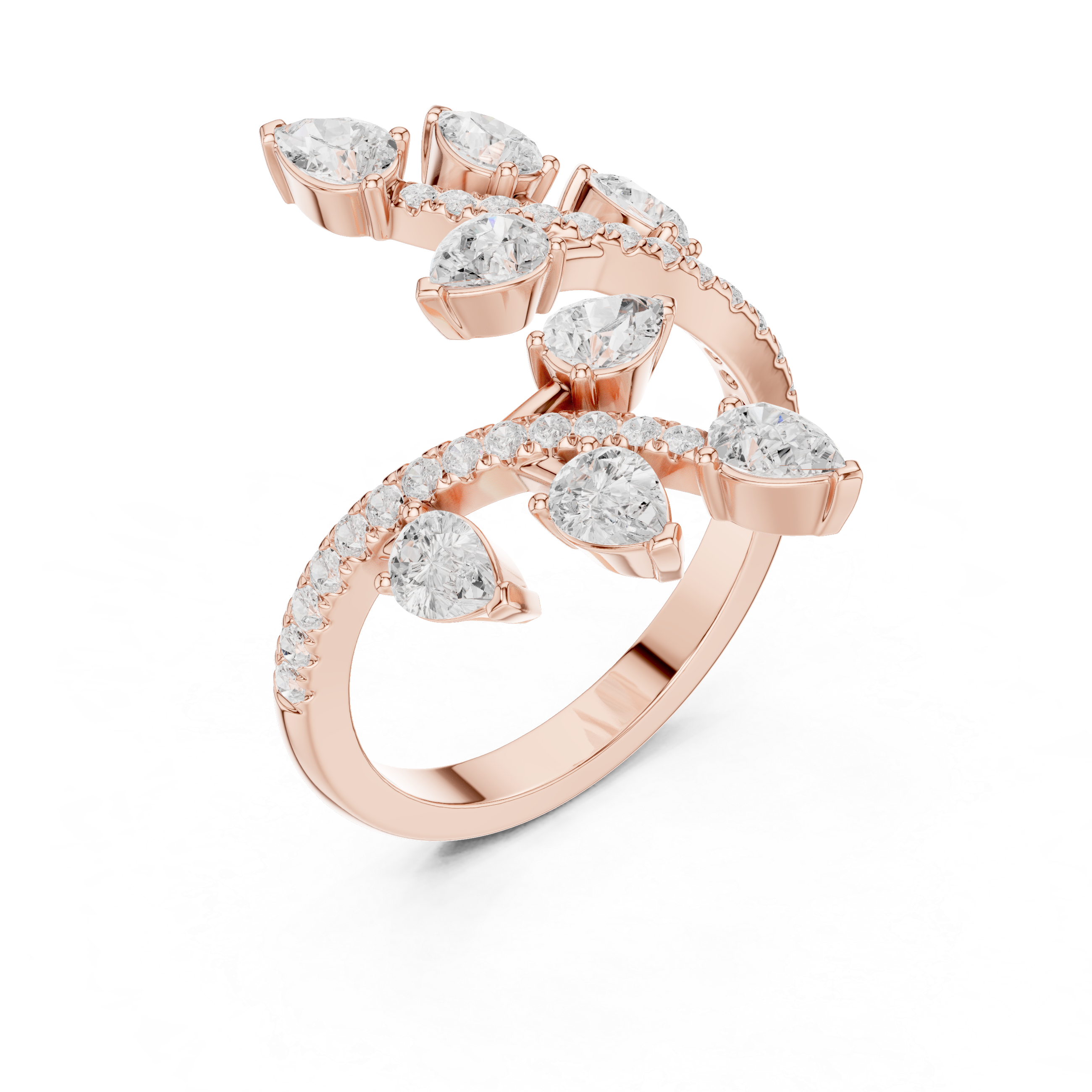 Nature Inspired Pear Diamond Wrap Ring – Open Leaf Design Statement Ring with 2.02 CT Total Diamond Weight