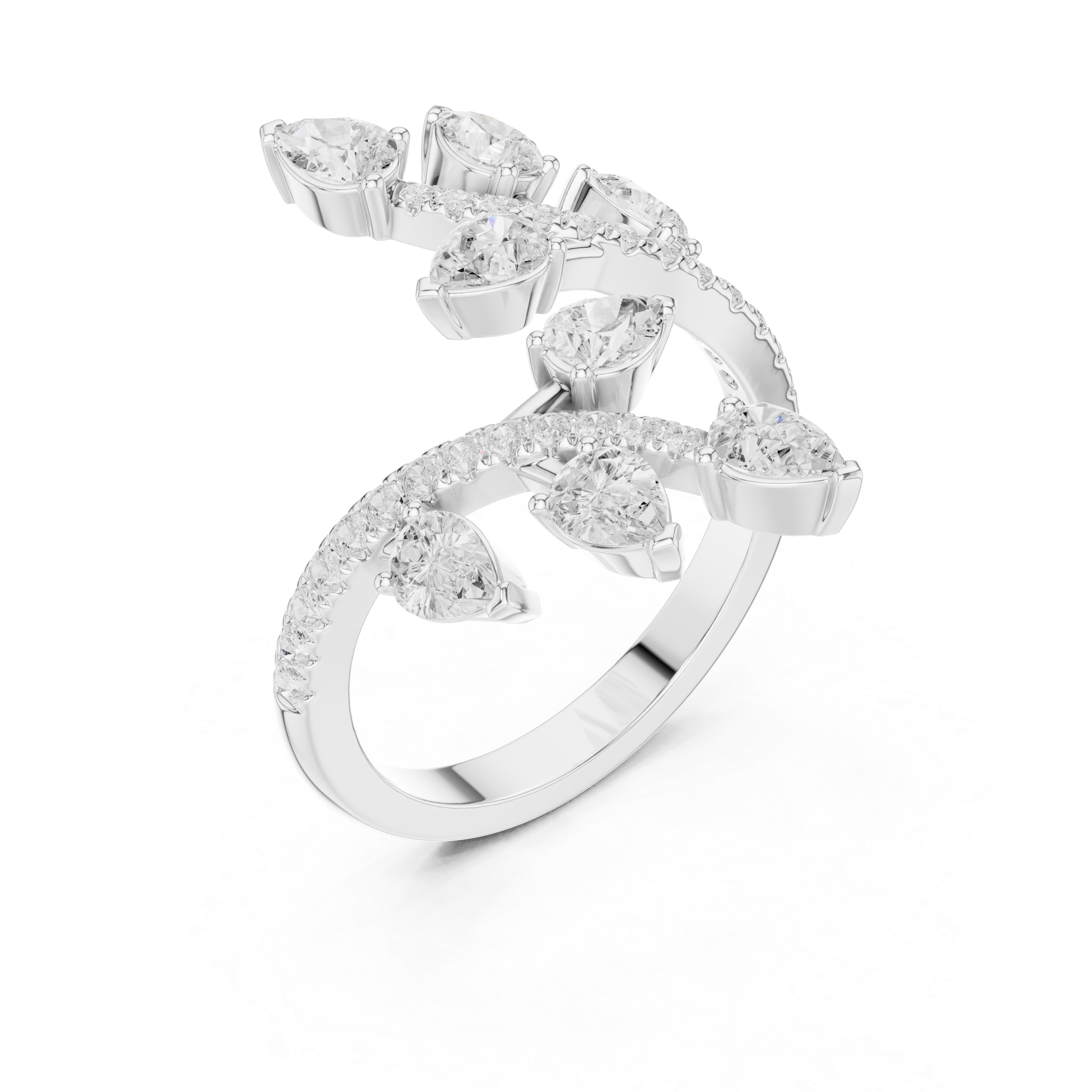 Nature Inspired Pear Diamond Wrap Ring – Open Leaf Design Statement Ring with 2.02 CT Total Diamond Weight
