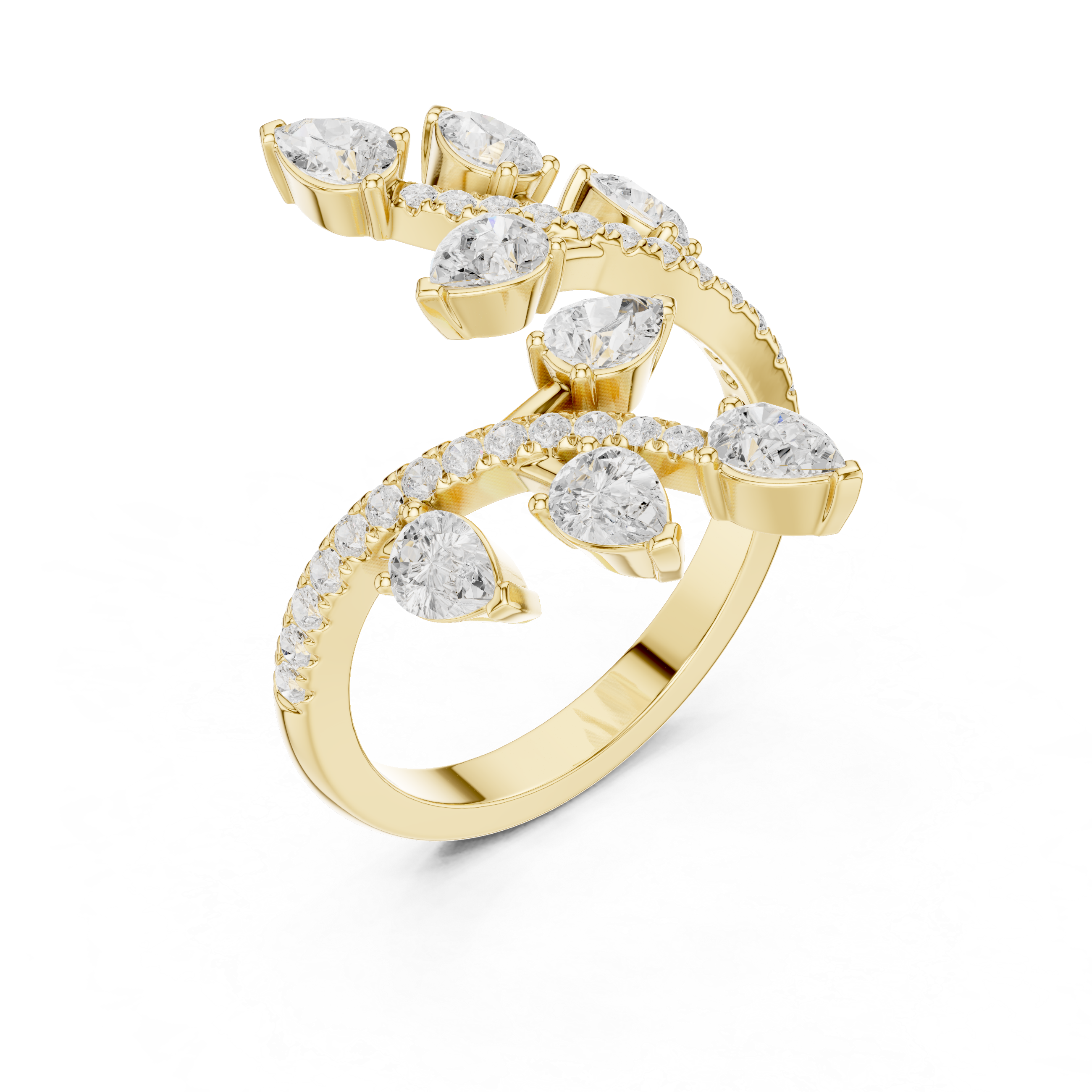 Nature Inspired Pear Diamond Wrap Ring – Open Leaf Design Statement Ring with 2.02 CT Total Diamond Weight