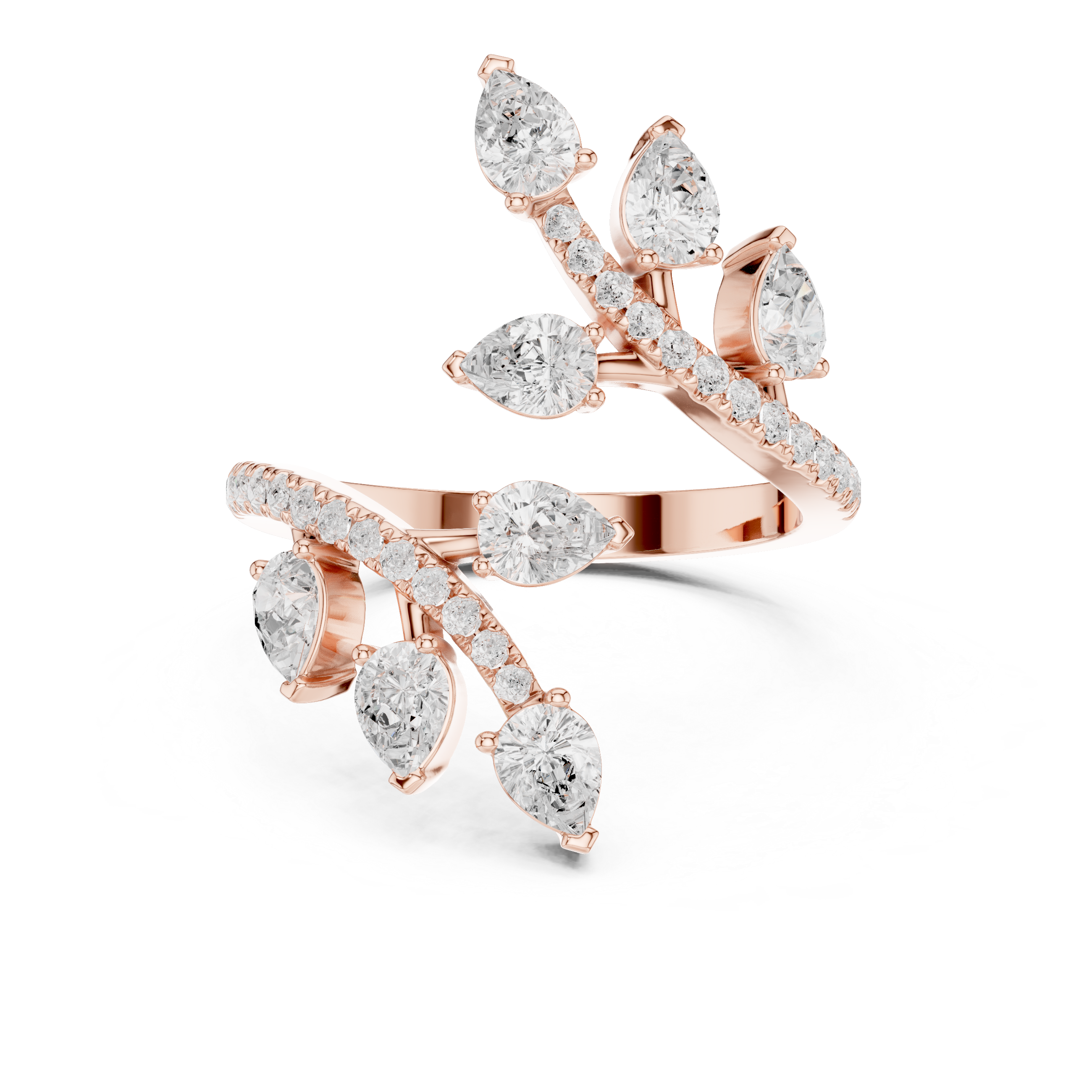 Nature Inspired Pear Diamond Wrap Ring – Open Leaf Design Statement Ring with 2.02 CT Total Diamond Weight