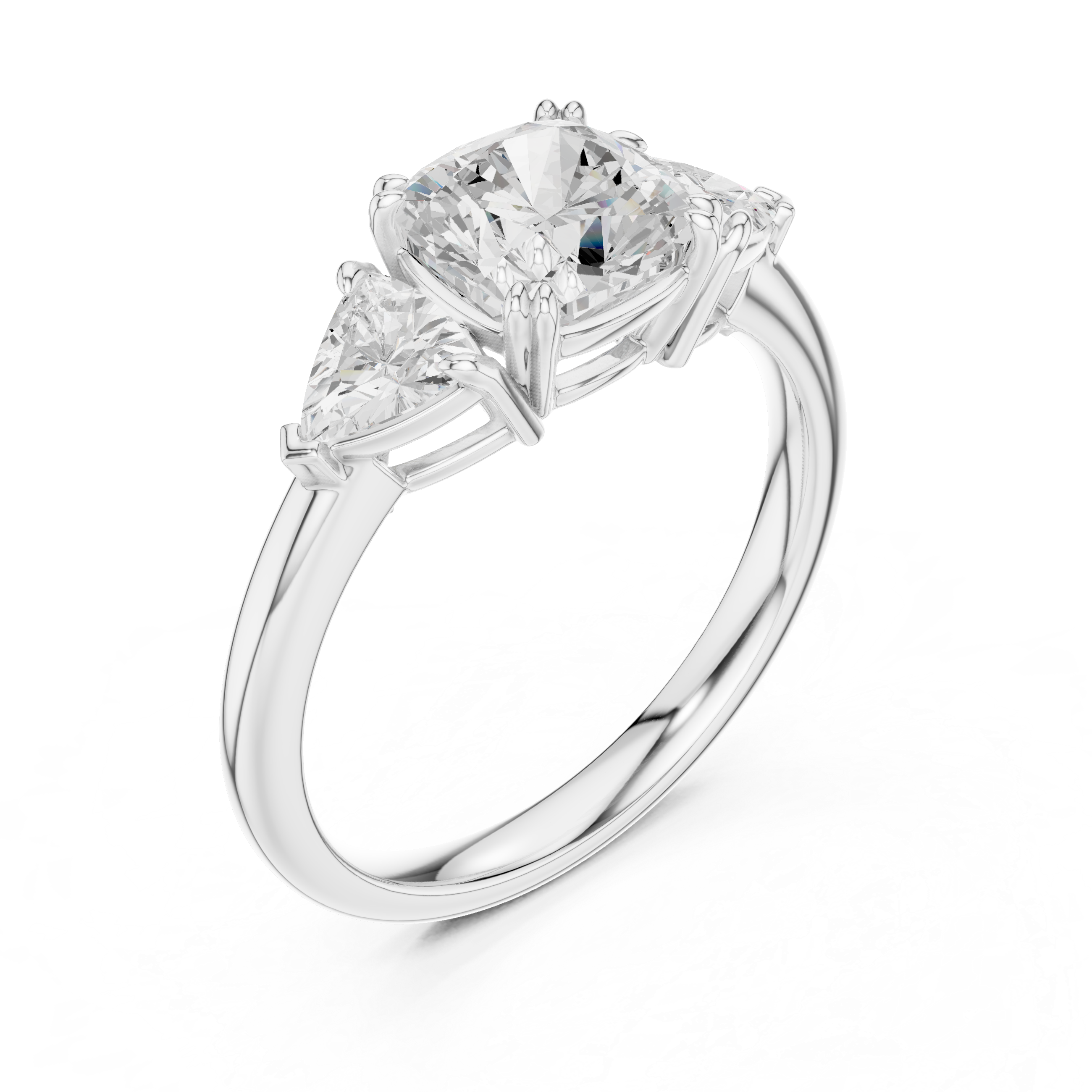 Three Stone Cushion Cut Engagement Ring with Trillion Side Diamonds – 2.60 CT Total Diamond Weight