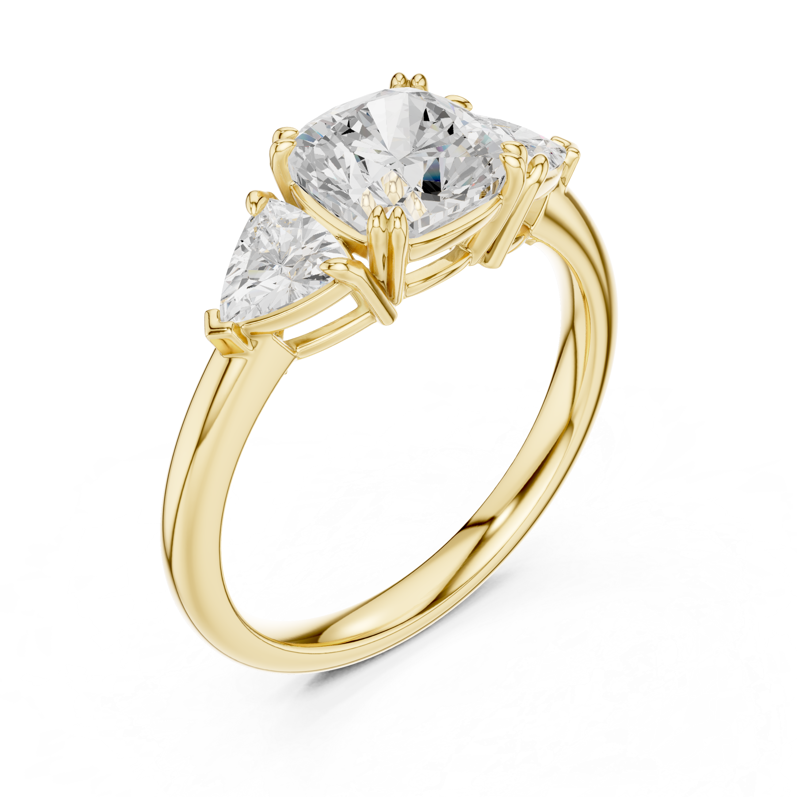 Three Stone Cushion Cut Engagement Ring with Trillion Side Diamonds – 2.60 CT Total Diamond Weight