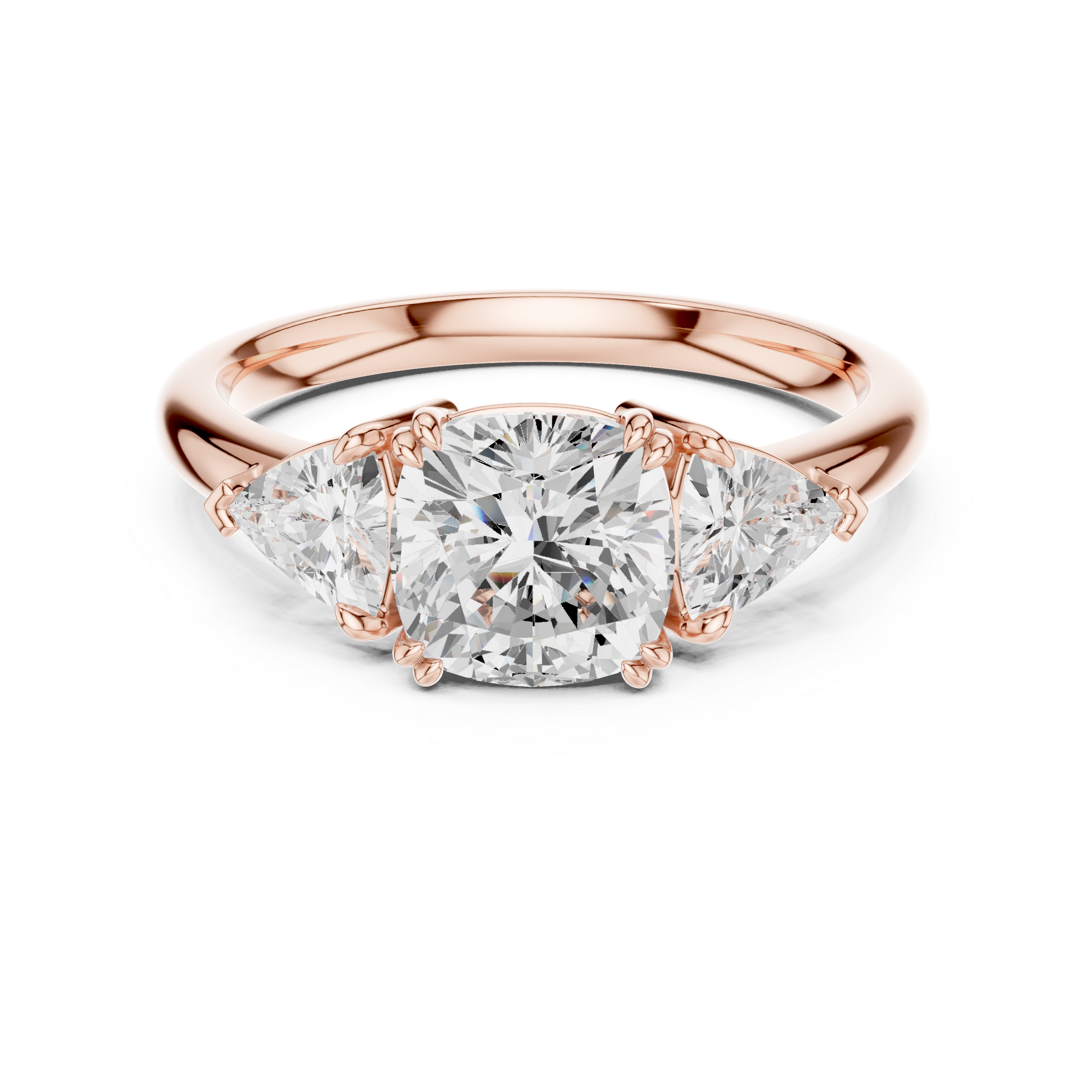 Three Stone Cushion Cut Engagement Ring with Trillion Side Diamonds – 2.60 CT Total Diamond Weight