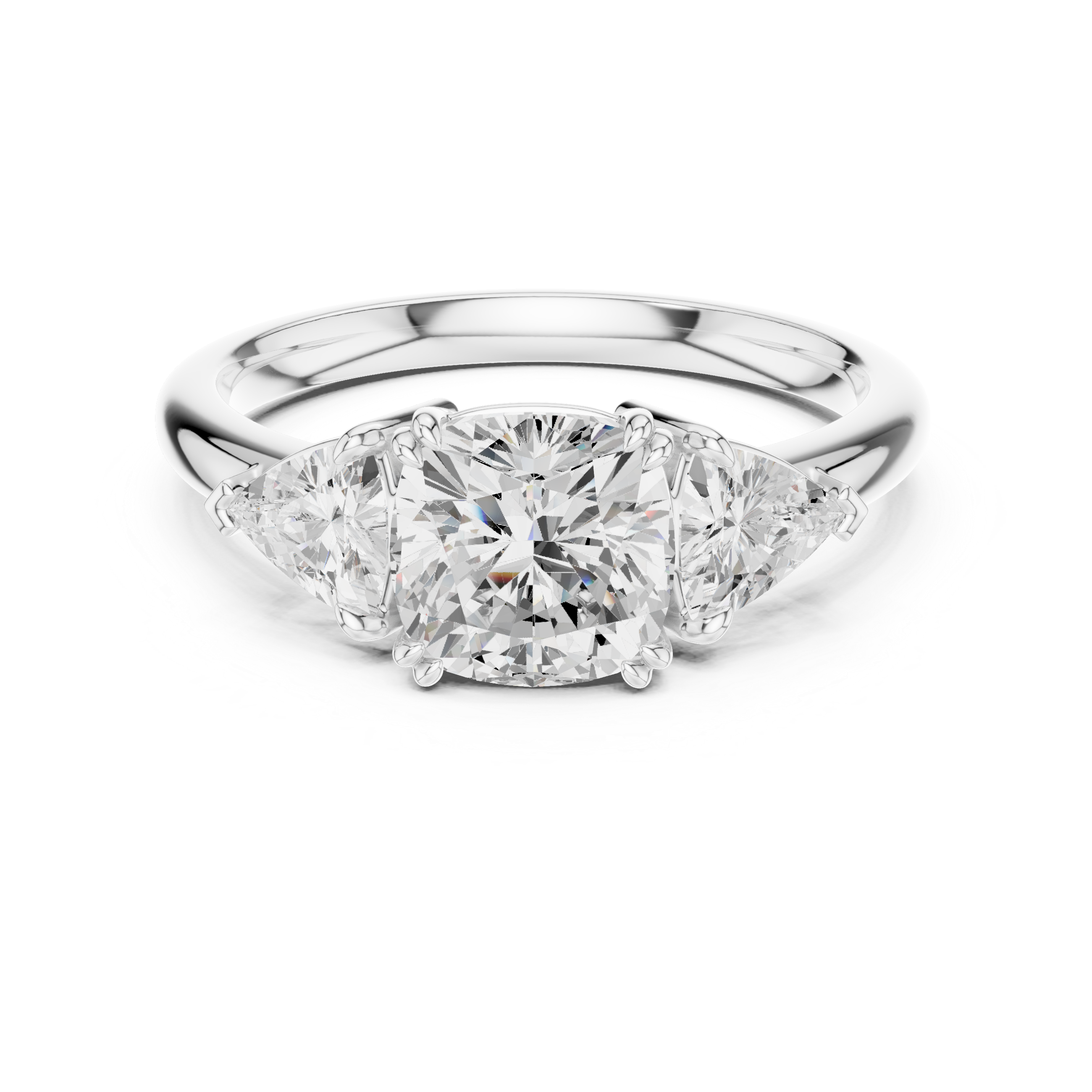 Three Stone Cushion Cut Engagement Ring with Trillion Side Diamonds – 2.60 CT Total Diamond Weight
