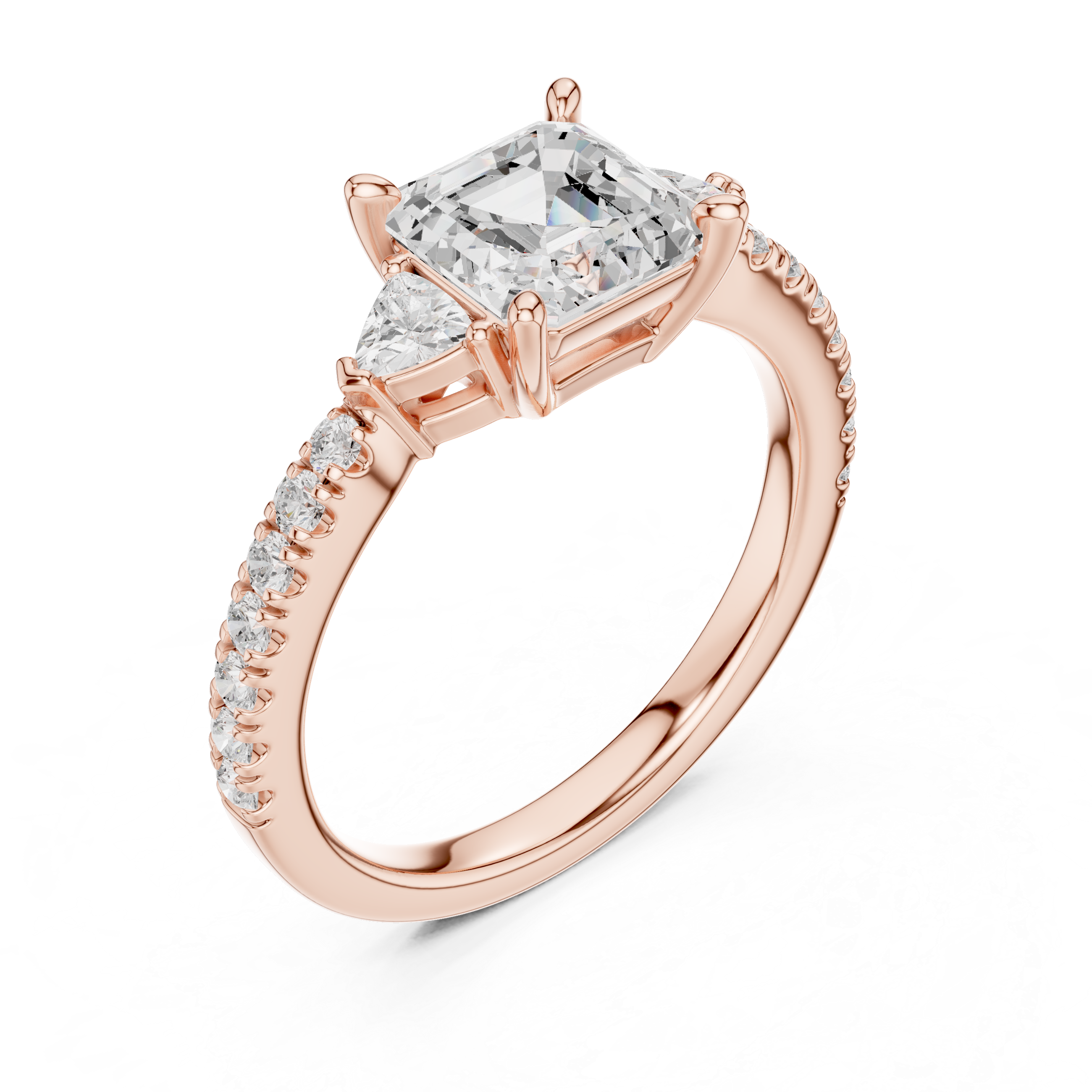 Asscher Cut Three-Stone Engagement Ring with Trillion Side Diamonds and Pavé Band – 1.96 CT Total Weight