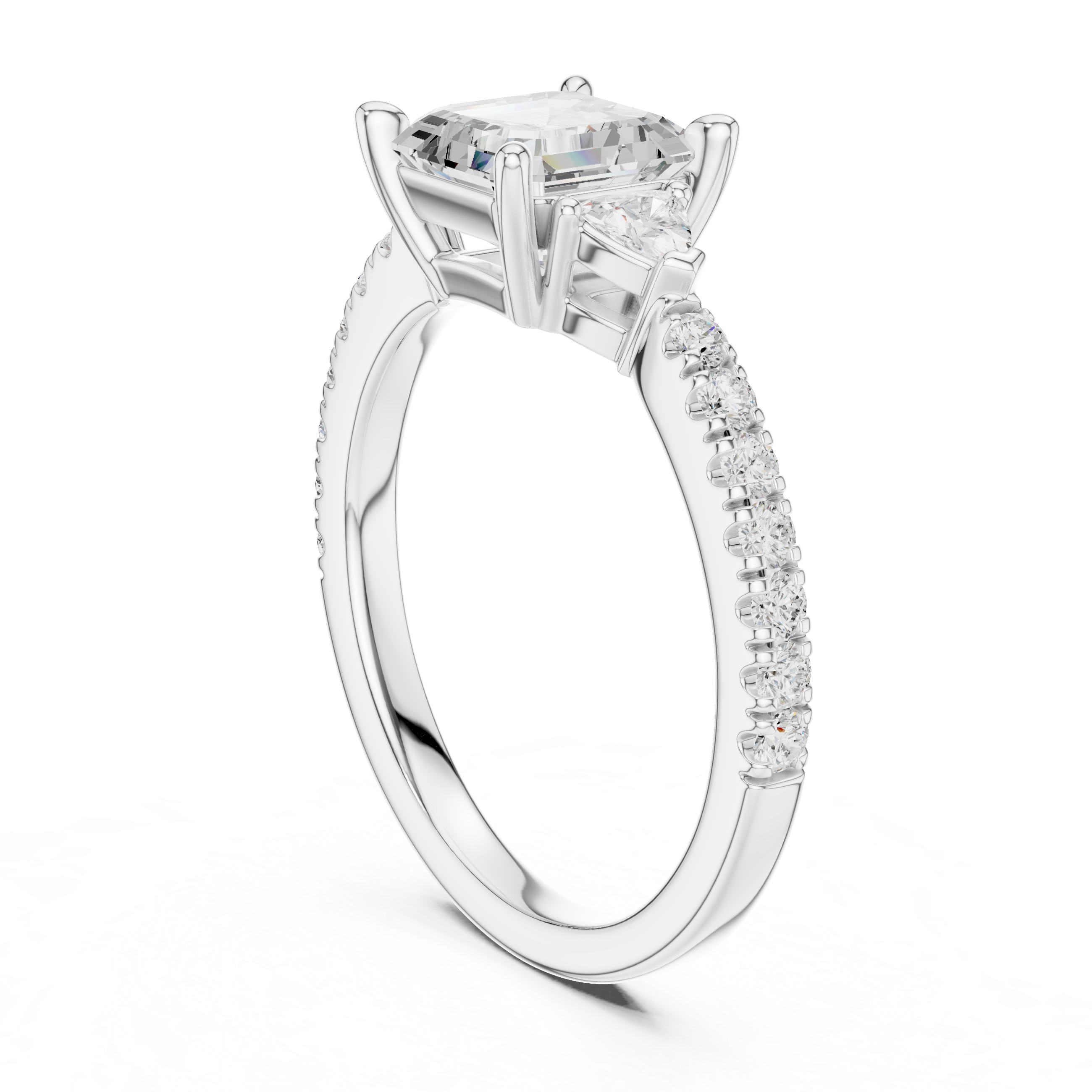 Asscher Cut Three-Stone Engagement Ring with Trillion Side Diamonds and Pavé Band – 1.96 CT Total Weight