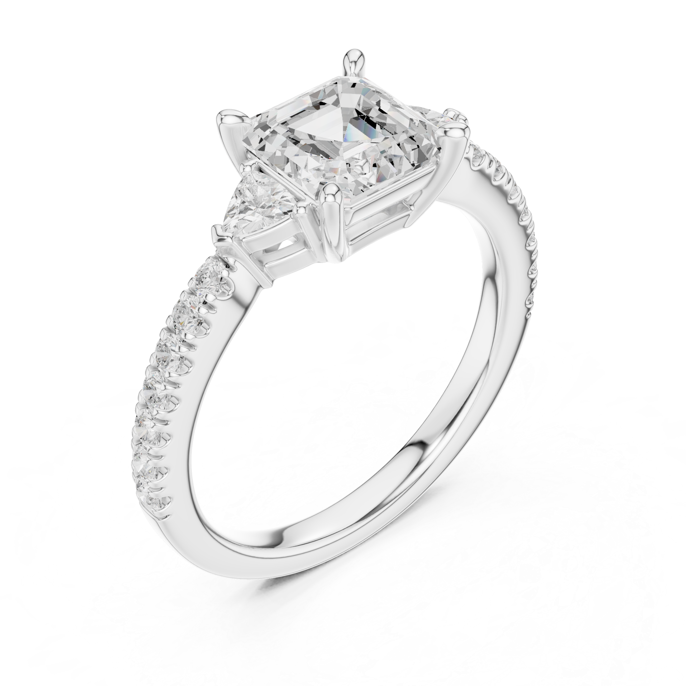 Asscher Cut Three-Stone Engagement Ring with Trillion Side Diamonds and Pavé Band – 1.96 CT Total Weight